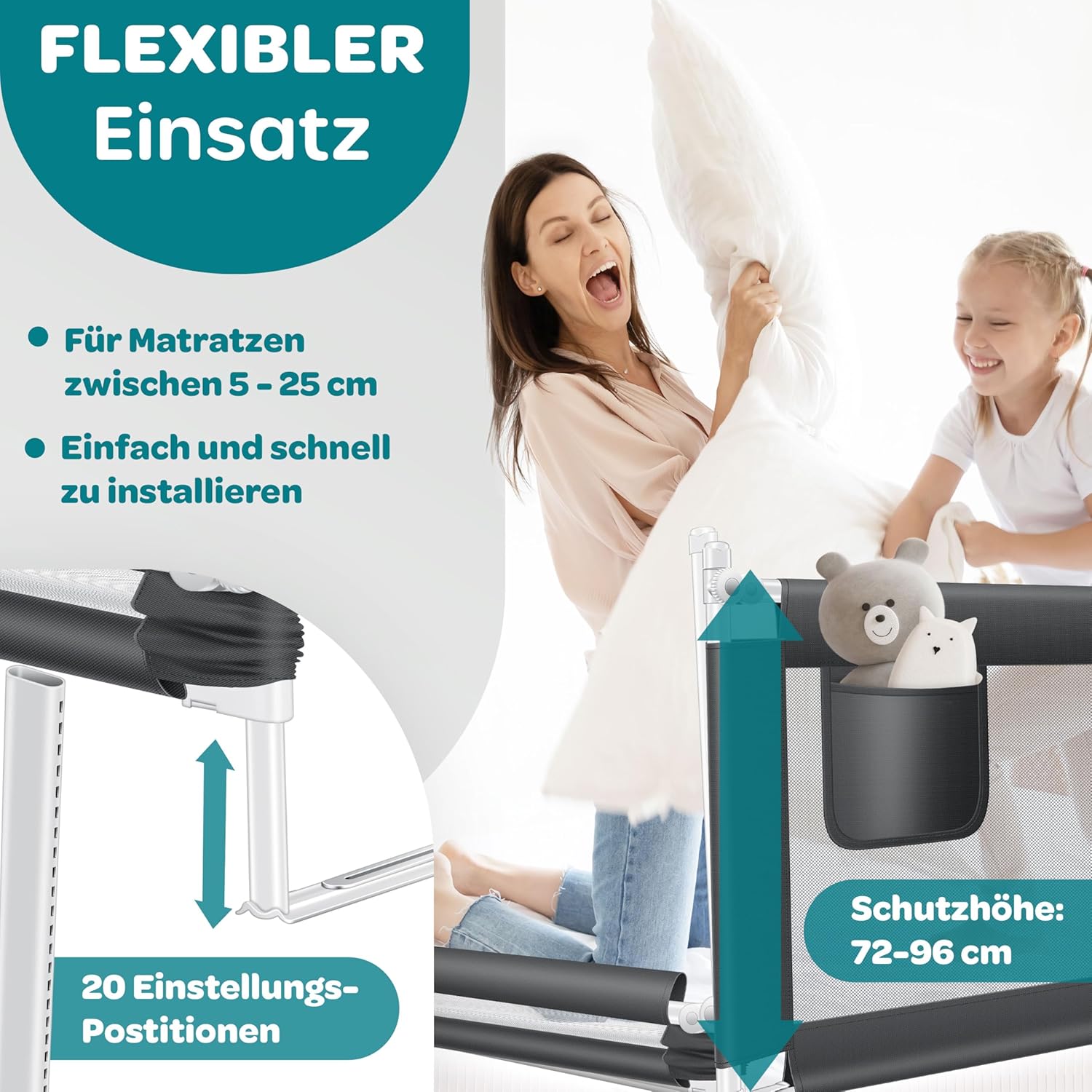 KESSER® Bettschutzgitter 180 cm, Rausfallschutz Bett & Bettgitter Kinderbett, klapp- & höhenverstellbar, Kindersicherung Baby Fallschutz, Mesh Netz, Kinderbett Schutzgitter + Tasche, Dunkelgrau — Ansicht 4