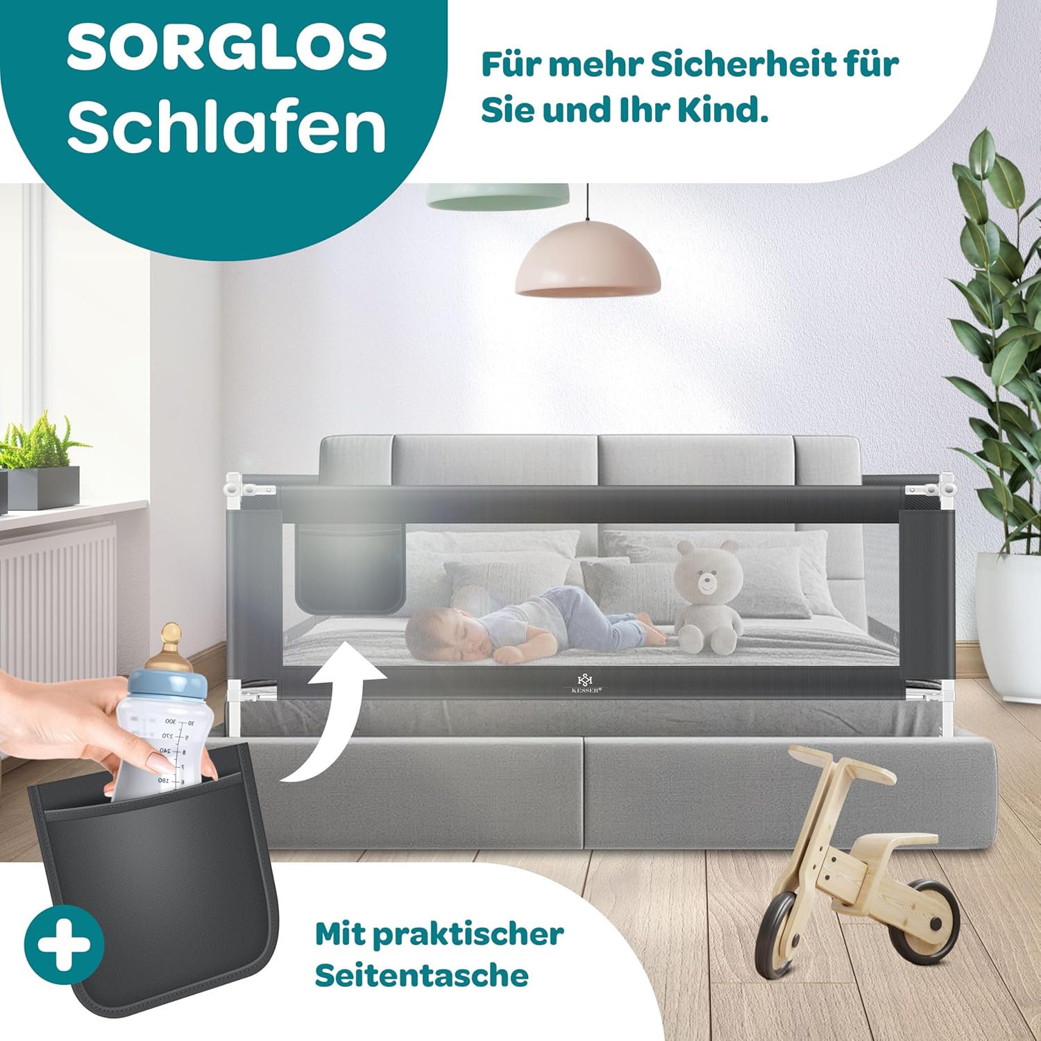 KESSER® Bettschutzgitter 180 cm, Rausfallschutz Bett & Bettgitter Kinderbett, klapp- & höhenverstellbar, Kindersicherung Baby Fallschutz, Mesh Netz, Kinderbett Schutzgitter + Tasche, Dunkelgrau — Ansicht 6