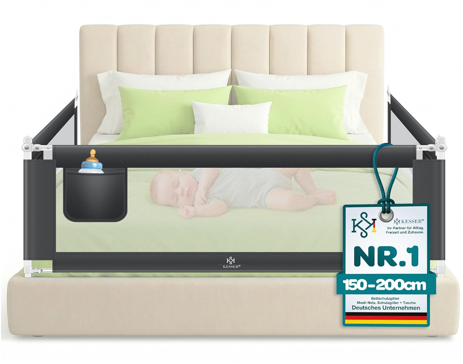 KESSER® Bettschutzgitter 180 cm, Rausfallschutz Bett & Bettgitter Kinderbett, klapp- & höhenverstellbar, Kindersicherung Baby Fallschutz, Mesh Netz, Kinderbett Schutzgitter + Tasche, Dunkelgrau