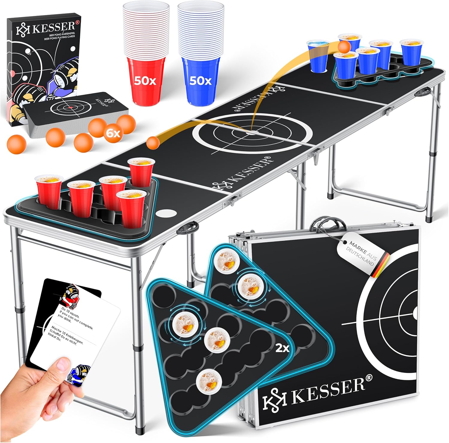 KESSER® Bier Pong Tisch Set mit Kartenspiel, Table Höhenverstellbar & Klappbar, Trinkspiel inkl. 100 Becher (50 Rot & 50 Blau), 6 Bälle & Regelwerk, Partyspiel, 2X Becherablagen