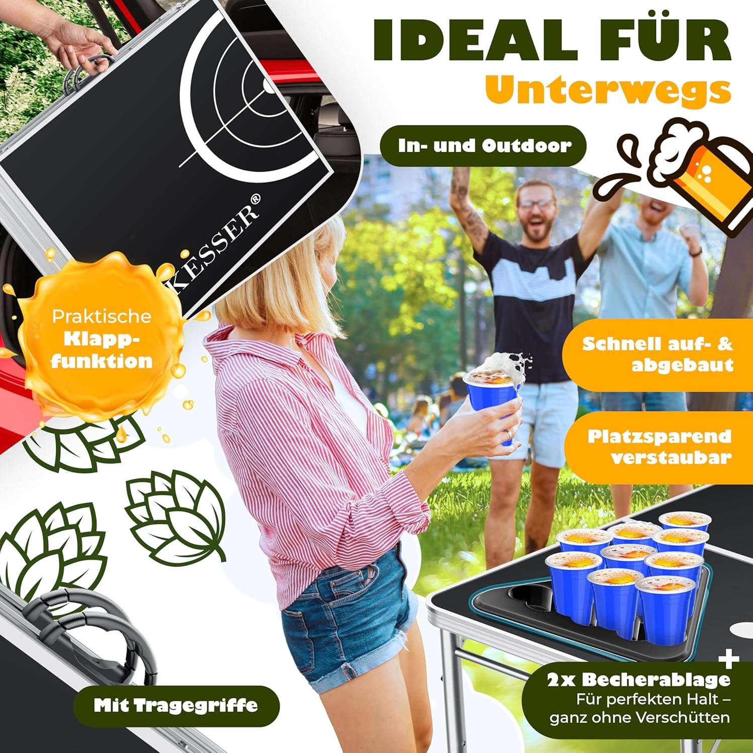 KESSER® Bier Pong Tisch Set mit Kartenspiel, Table Höhenverstellbar & Klappbar, Trinkspiel inkl. 100 Becher (50 Rot & 50 Blau), 6 Bälle & Regelwerk, Partyspiel, 2X Becherablagen — Ansicht 3