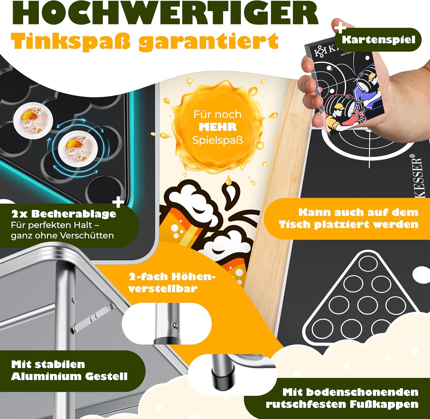 KESSER® Bier Pong Tisch Set mit Kartenspiel, Table Höhenverstellbar & Klappbar, Trinkspiel inkl. 100 Becher (50 Rot & 50 Blau), 6 Bälle & Regelwerk, Partyspiel, 2X Becherablagen — Ansicht 5