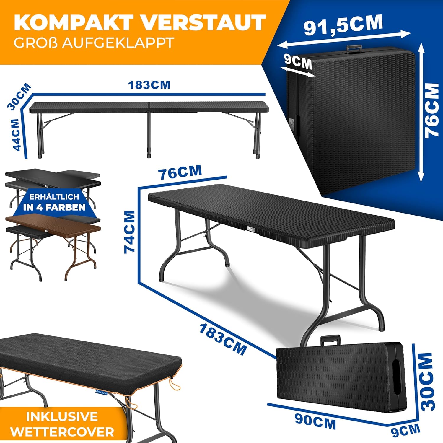 KESSER® Bierzeltgarnitur 3-teilig Set Tisch & 2x Bank | Buffettisch für drinnen & draußen Gartengarnitur klappbar 183x76x74cm Kunststoff Klapptisch Rattan-Look Gartentisch Inkl Abdeckung & Tragegriffe — Ansicht 2