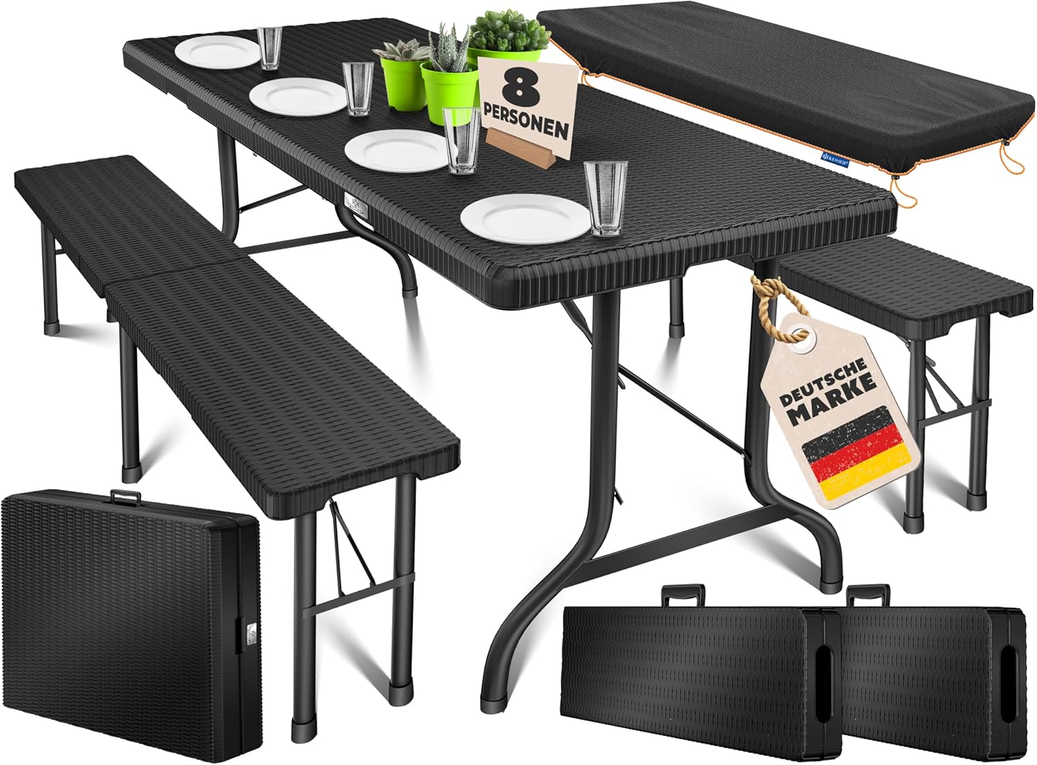 KESSER® Bierzeltgarnitur 3-teilig Set Tisch & 2x Bank | Buffettisch für drinnen & draußen Gartengarnitur klappbar 183x76x74cm Kunststoff Klapptisch Rattan-Look Gartentisch Inkl Abdeckung & Tragegriffe