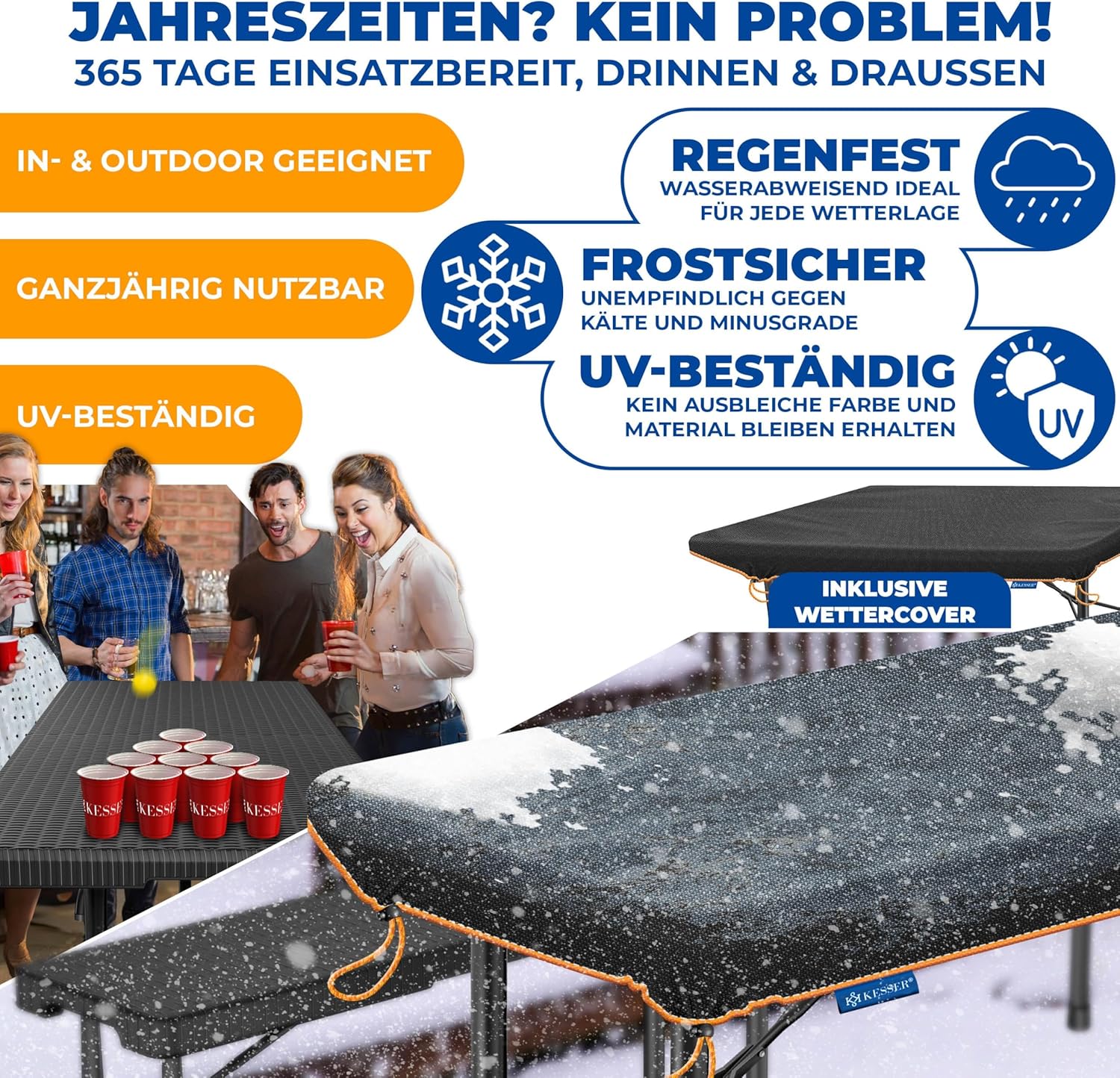 KESSER® Bierzeltgarnitur 3-teilig Set Tisch & 2x Bank | Buffettisch für drinnen & draußen Gartengarnitur klappbar 183x76x74cm Kunststoff Klapptisch Rattan-Look Gartentisch Inkl Abdeckung & Tragegriffe — Ansicht 6