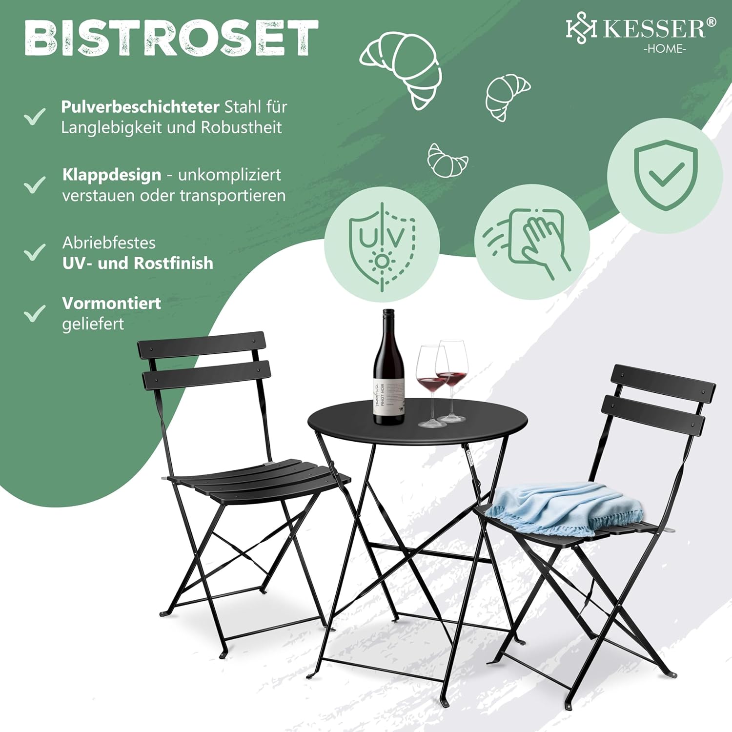 KESSER® Bistroset 3-teilig | Bistrotisch 2 klappbare Stühle Balkonset Balkonmöbel Klapp-Möbel Gartenset Sitzgarnitur Gartengarnitur Gartenmöbel Sitzgruppe Metall | Gartentisch mit Abdeckung Schwarz — Ansicht 2