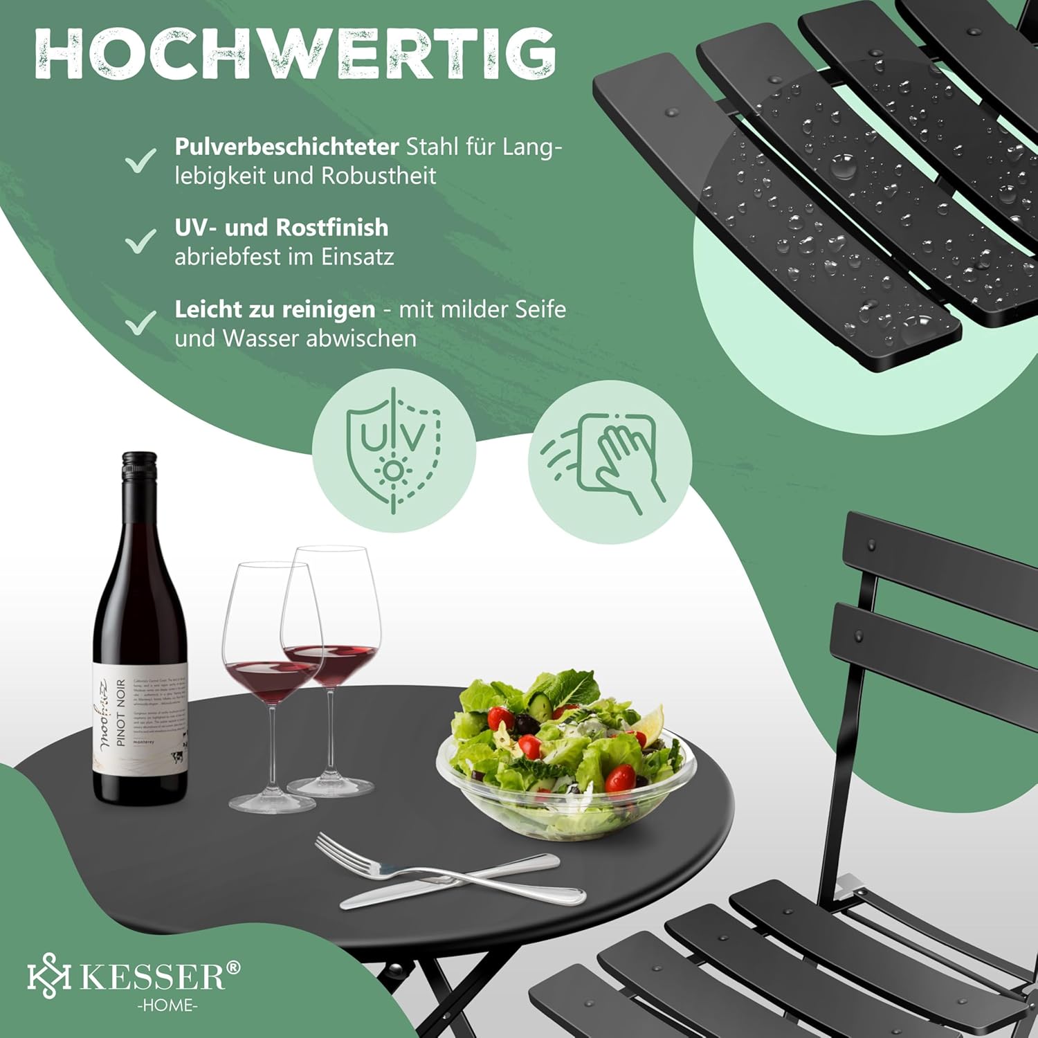 KESSER® Bistroset 3-teilig | Bistrotisch 2 klappbare Stühle Balkonset Balkonmöbel Klapp-Möbel Gartenset Sitzgarnitur Gartengarnitur Gartenmöbel Sitzgruppe Metall | Gartentisch mit Abdeckung Schwarz — Ansicht 4