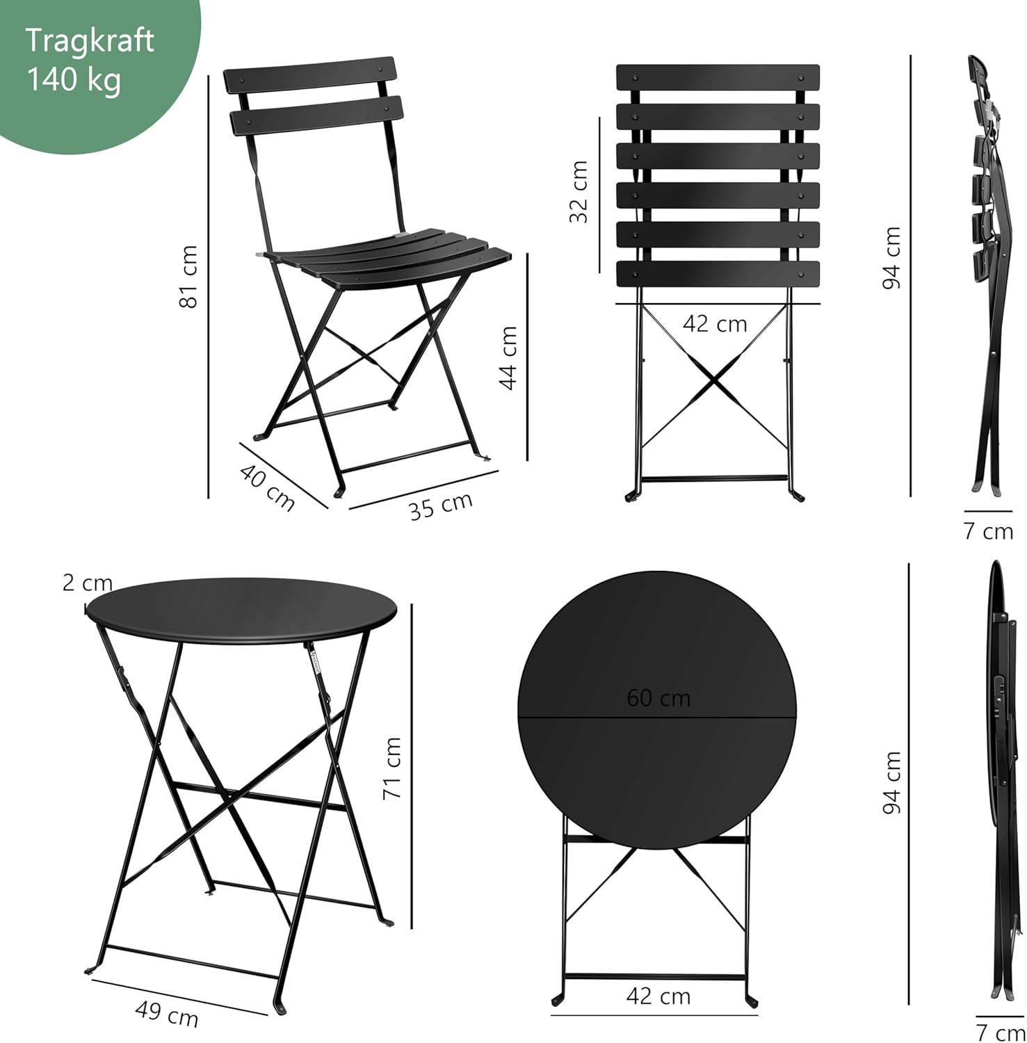 KESSER® Bistroset 3-teilig | Bistrotisch 2 klappbare Stühle Balkonset Balkonmöbel Klapp-Möbel Gartenset Sitzgarnitur Gartengarnitur Gartenmöbel Sitzgruppe Metall | Gartentisch mit Abdeckung Schwarz — Ansicht 6