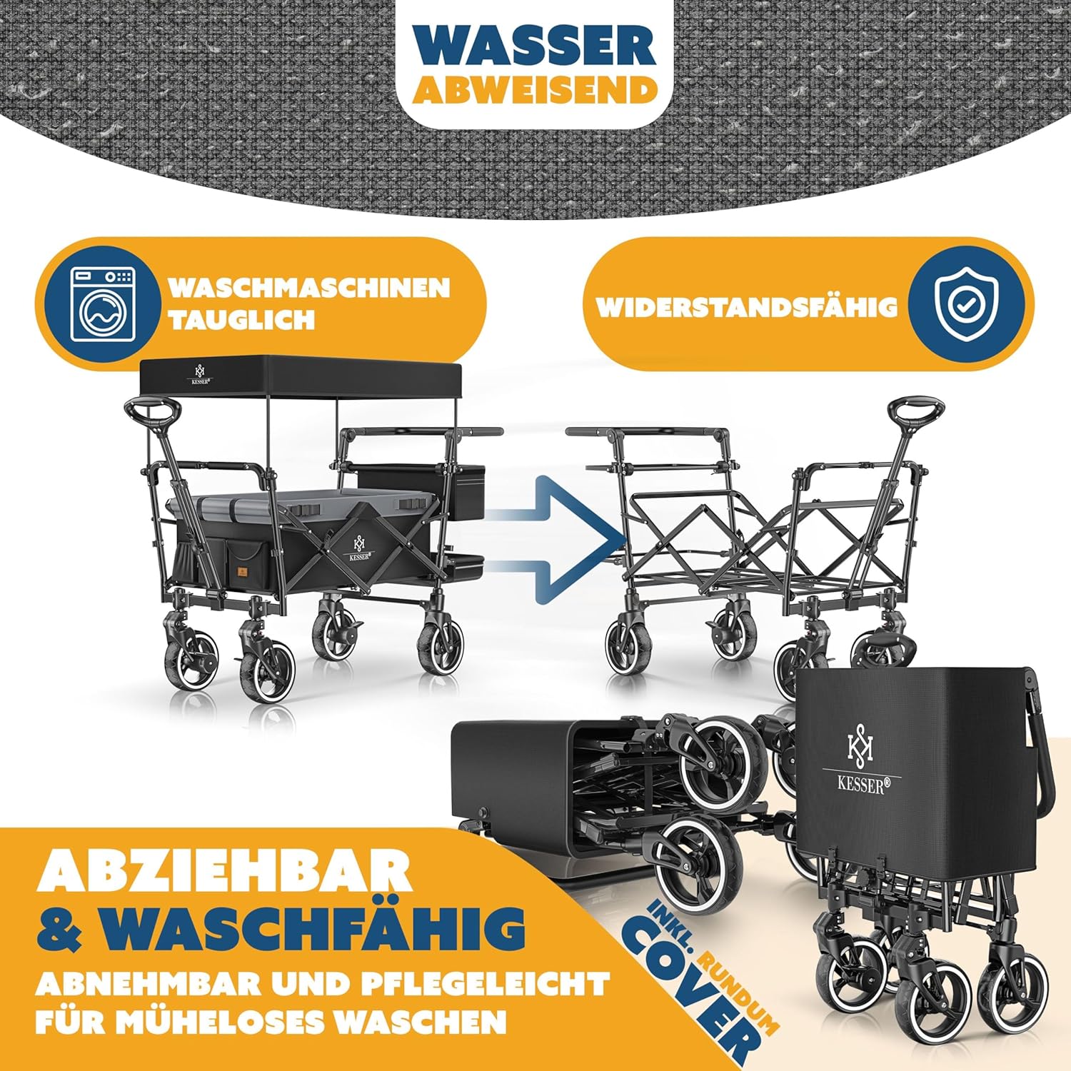 KESSER® Bollerwagen Faltbar GTS-9100 mit Dach Handwagen Transportwagen klappbar belastbar bis 150kg mit Hartgummi-Räder & Feststellbremsen Vorne/Hinten Inkl. Schloss, Abdeckung, Wetter & Sichtschutz — Ansicht 3