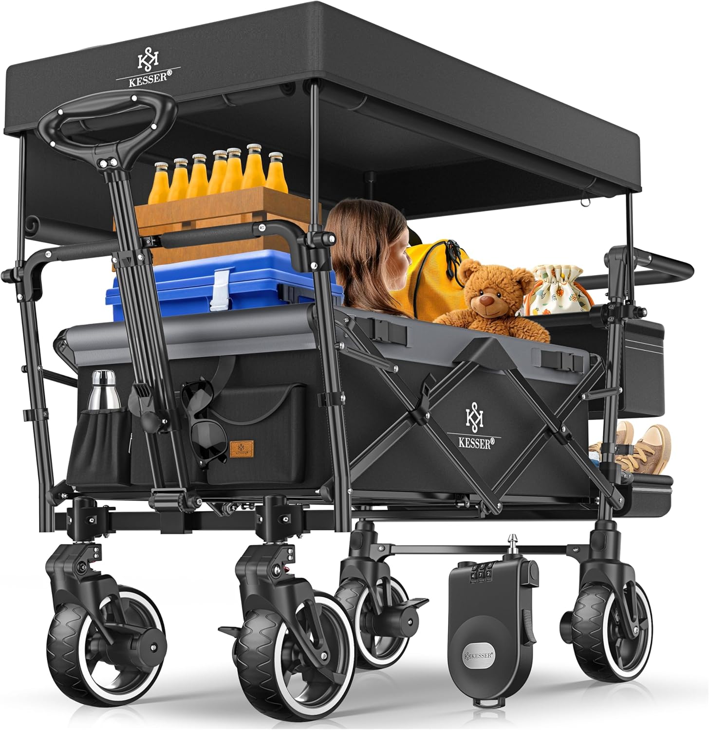 KESSER® Bollerwagen Faltbar GTS-9100 mit Dach Handwagen Transportwagen klappbar belastbar bis 150kg mit Hartgummi-Räder & Feststellbremsen Vorne/Hinten Inkl. Schloss, Abdeckung, Wetter & Sichtschutz