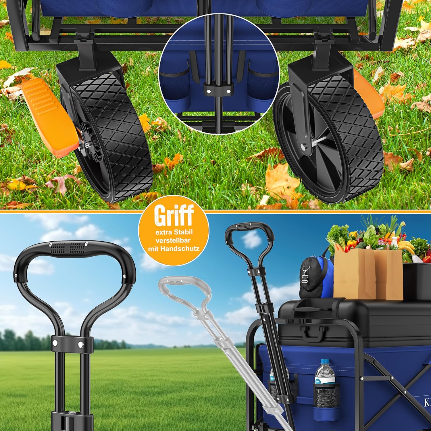 KESSER® Bollerwagen faltbar Handwagen Transportkarre max. 150kg Tragkraft & 360° PVC-Reifen Gerätewagen inkl. 2 Netztaschen, Seitentasche & Abdeckung Transportwagen Gartenanhänger ohne Dach, Blau — Ansicht 2
