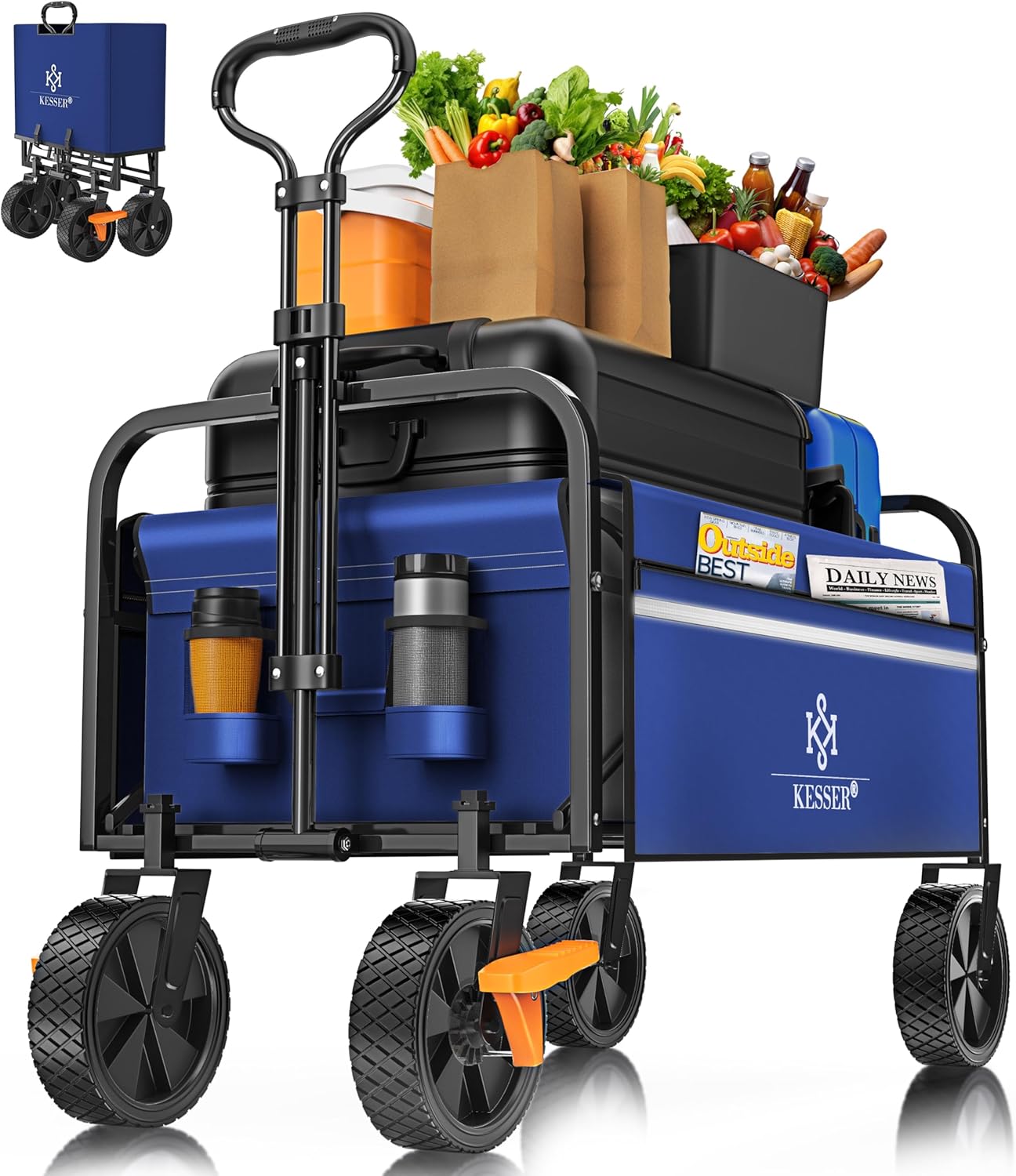 KESSER® Bollerwagen faltbar Handwagen Transportkarre max. 150kg Tragkraft & 360° PVC-Reifen Gerätewagen inkl. 2 Netztaschen, Seitentasche & Abdeckung Transportwagen Gartenanhänger ohne Dach, Blau