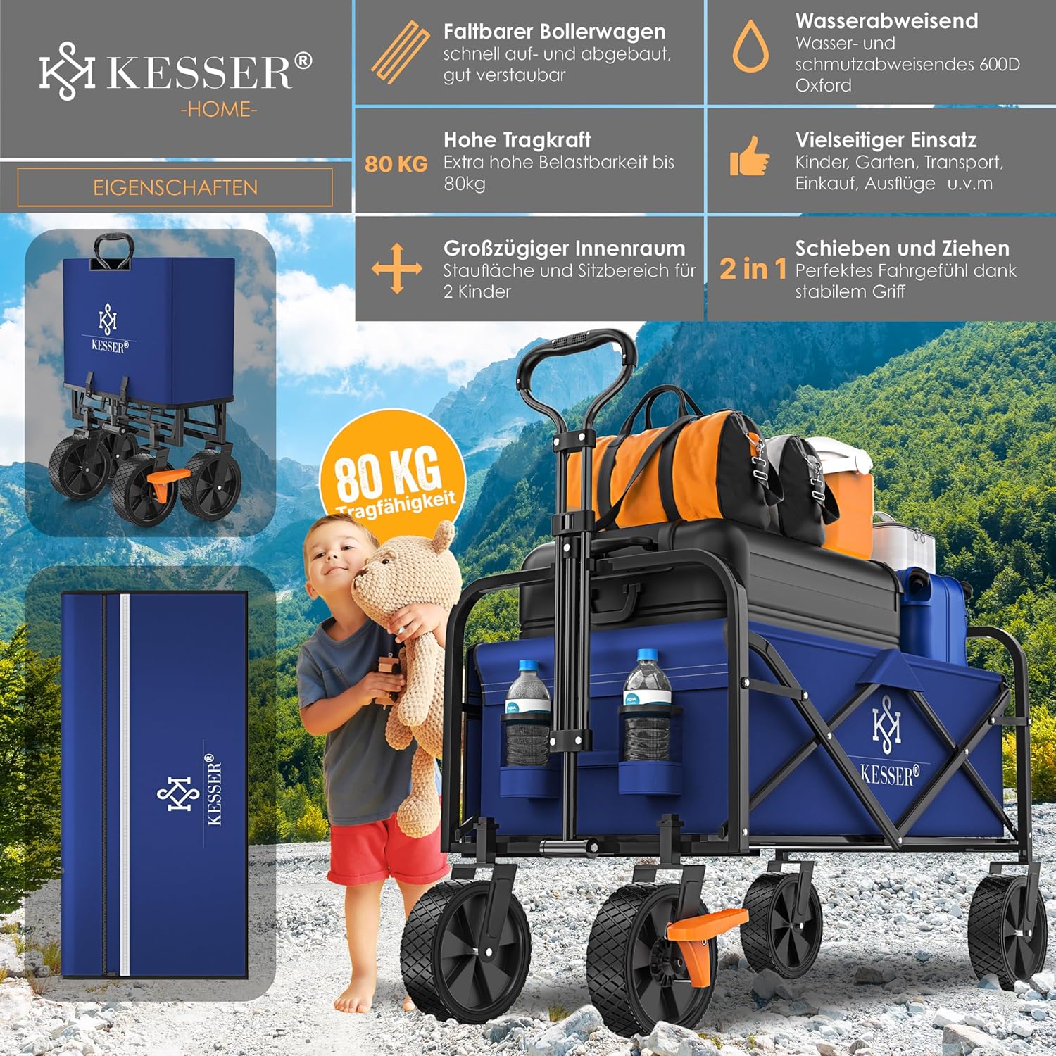 KESSER® Bollerwagen faltbar Handwagen Transportkarre max. 150kg Tragkraft & 360° PVC-Reifen Gerätewagen inkl. 2 Netztaschen, Seitentasche & Abdeckung Transportwagen Gartenanhänger ohne Dach, Blau — Ansicht 3