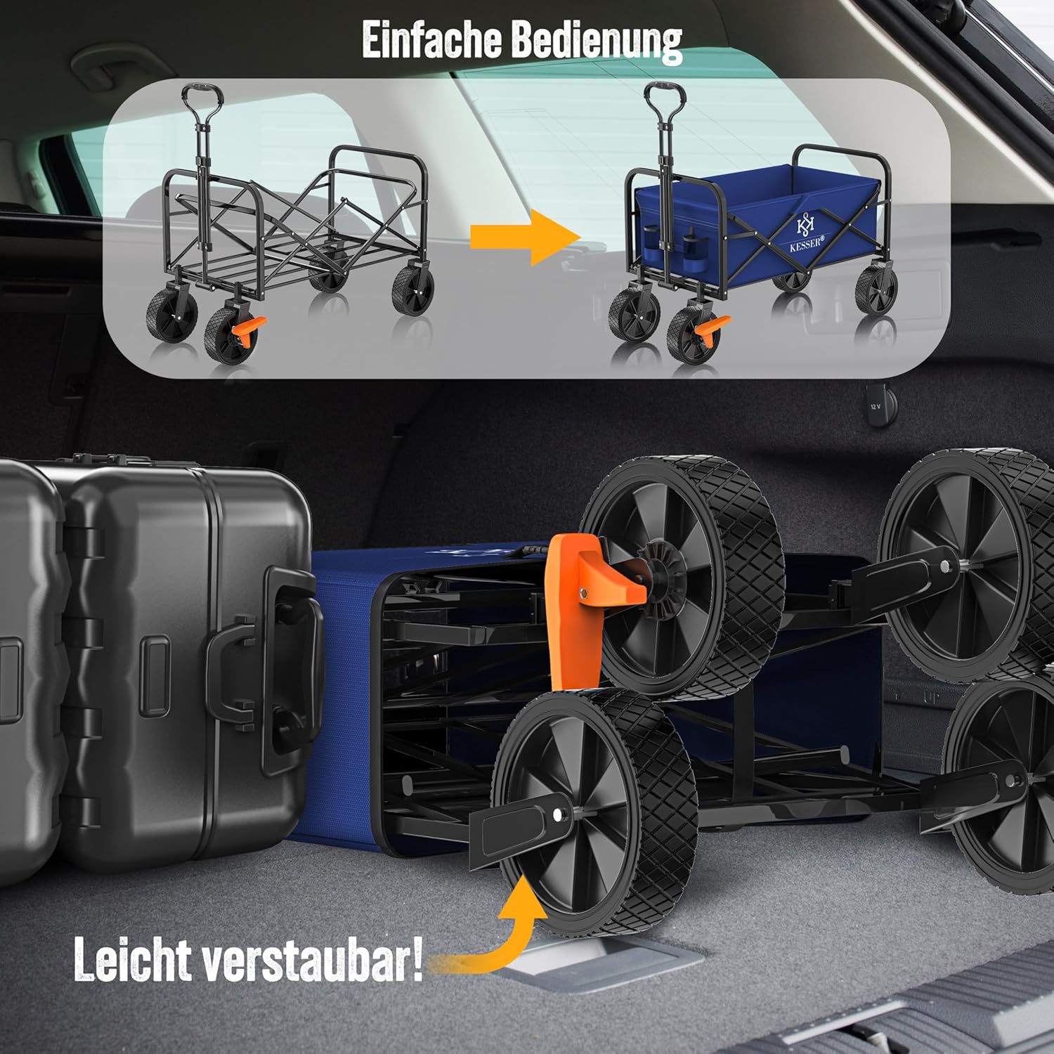 KESSER® Bollerwagen faltbar Handwagen Transportkarre max. 150kg Tragkraft & 360° PVC-Reifen Gerätewagen inkl. 2 Netztaschen, Seitentasche & Abdeckung Transportwagen Gartenanhänger ohne Dach, Blau — Ansicht 6