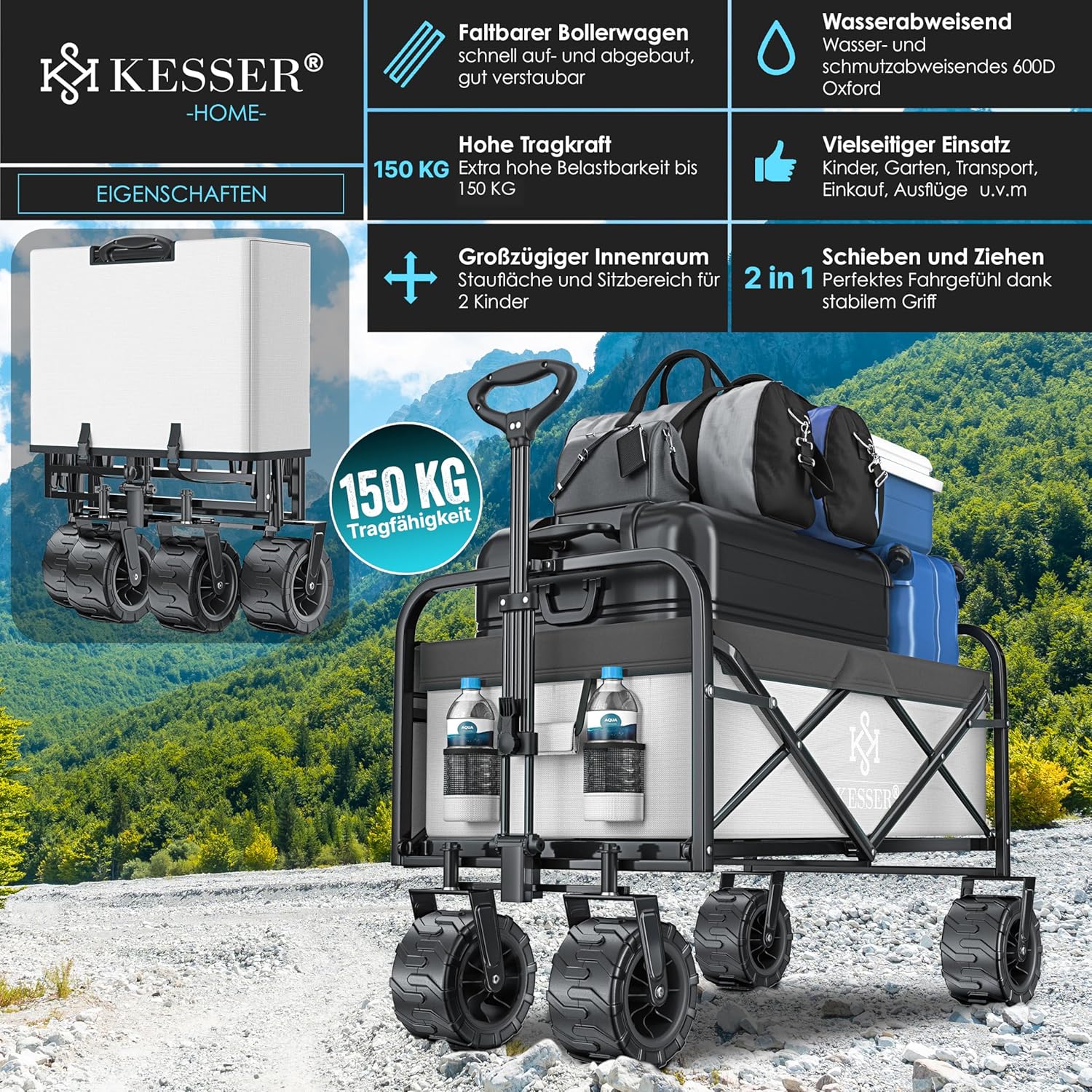 KESSER® Bollerwagen faltbar max. bis 150kg belastbar mit Breiten Vollgummi Reifen | Handwagen Transportkarre | Gerätewagen inkl. 2 Netztaschen & Seitentasche | Transportwagen Gartenanhänger klappbar — Ansicht 2