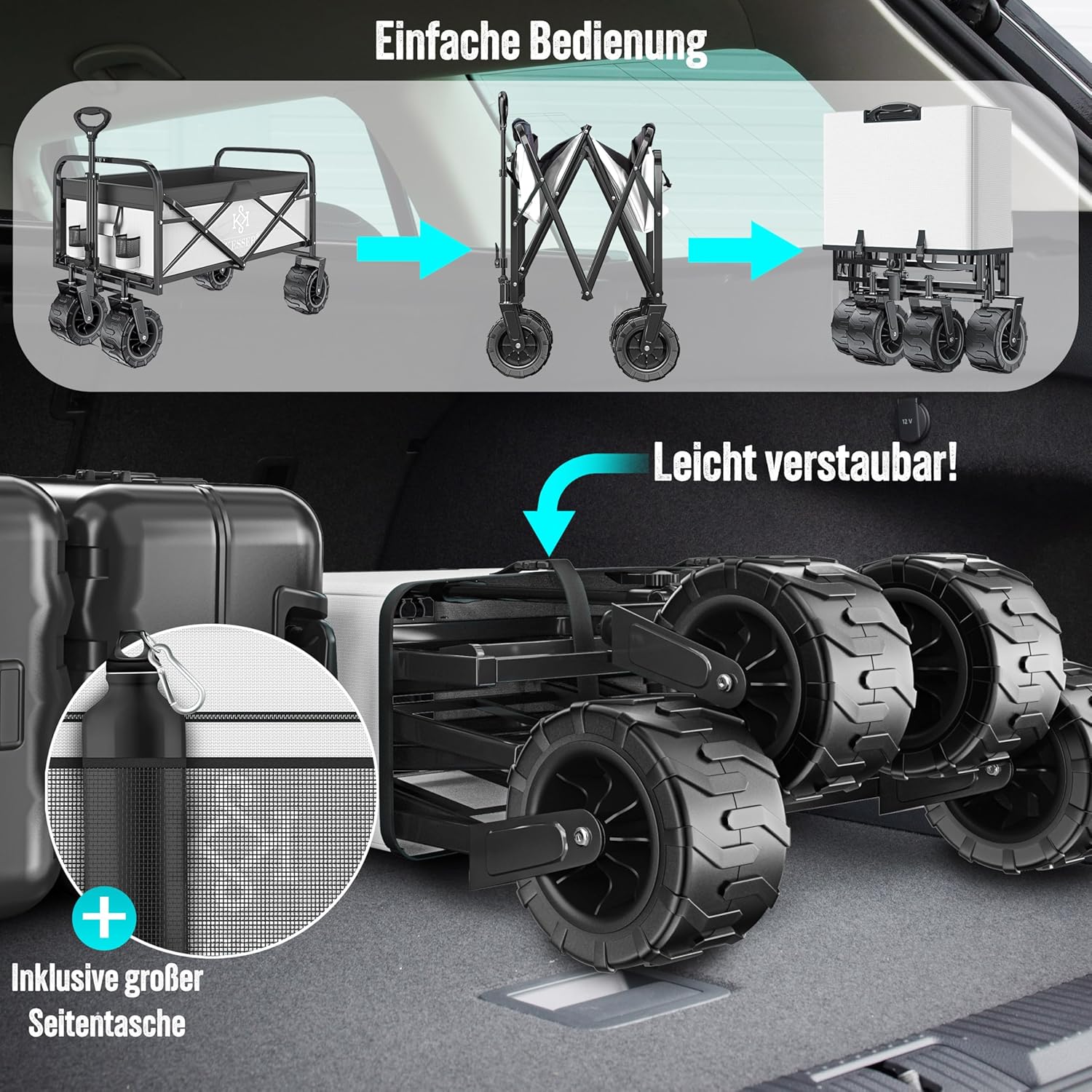 KESSER® Bollerwagen faltbar max. bis 150kg belastbar mit Breiten Vollgummi Reifen | Handwagen Transportkarre | Gerätewagen inkl. 2 Netztaschen & Seitentasche | Transportwagen Gartenanhänger klappbar — Ansicht 5