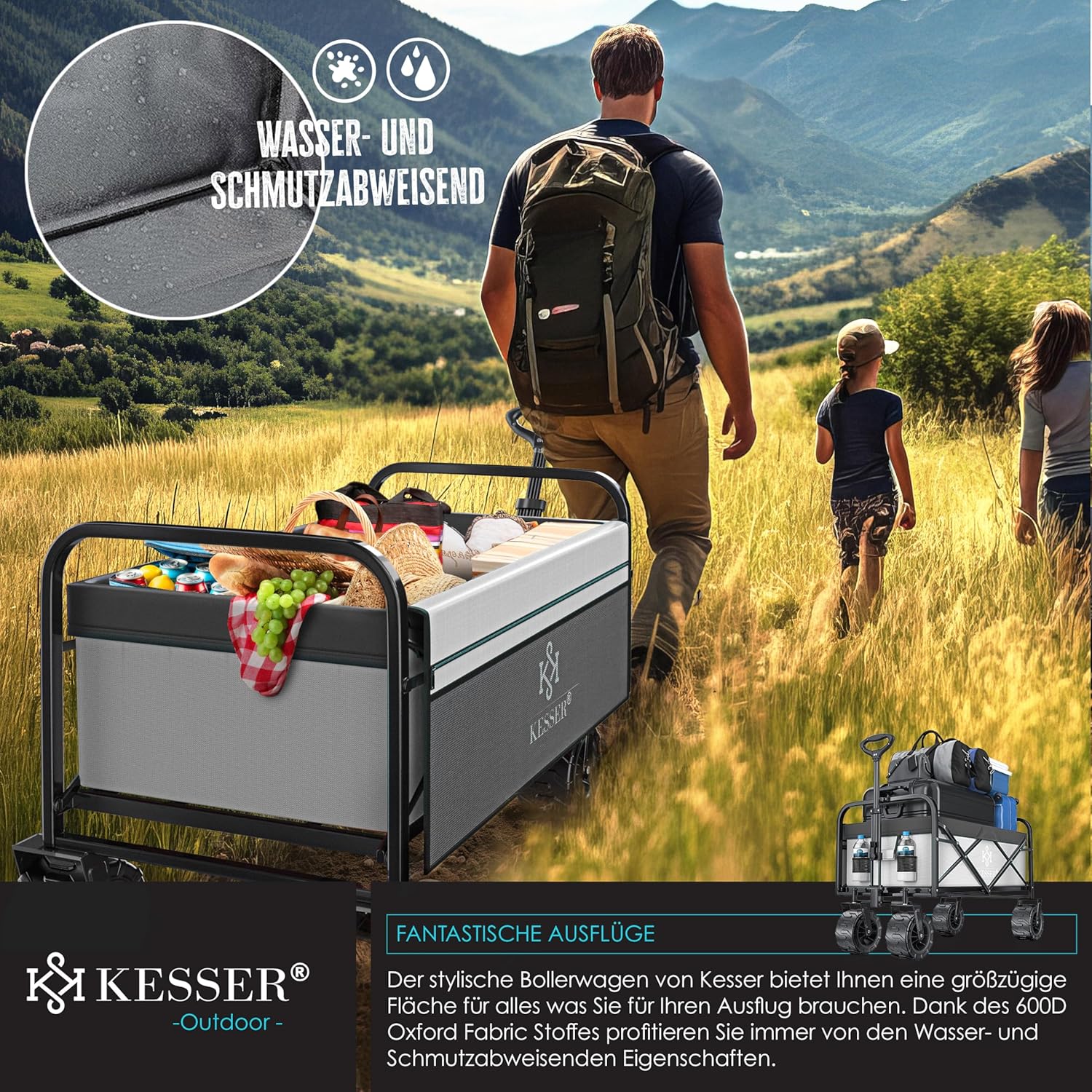 KESSER® Bollerwagen faltbar max. bis 150kg belastbar mit Breiten Vollgummi Reifen | Handwagen Transportkarre | Gerätewagen inkl. 2 Netztaschen & Seitentasche | Transportwagen Gartenanhänger klappbar — Ansicht 6