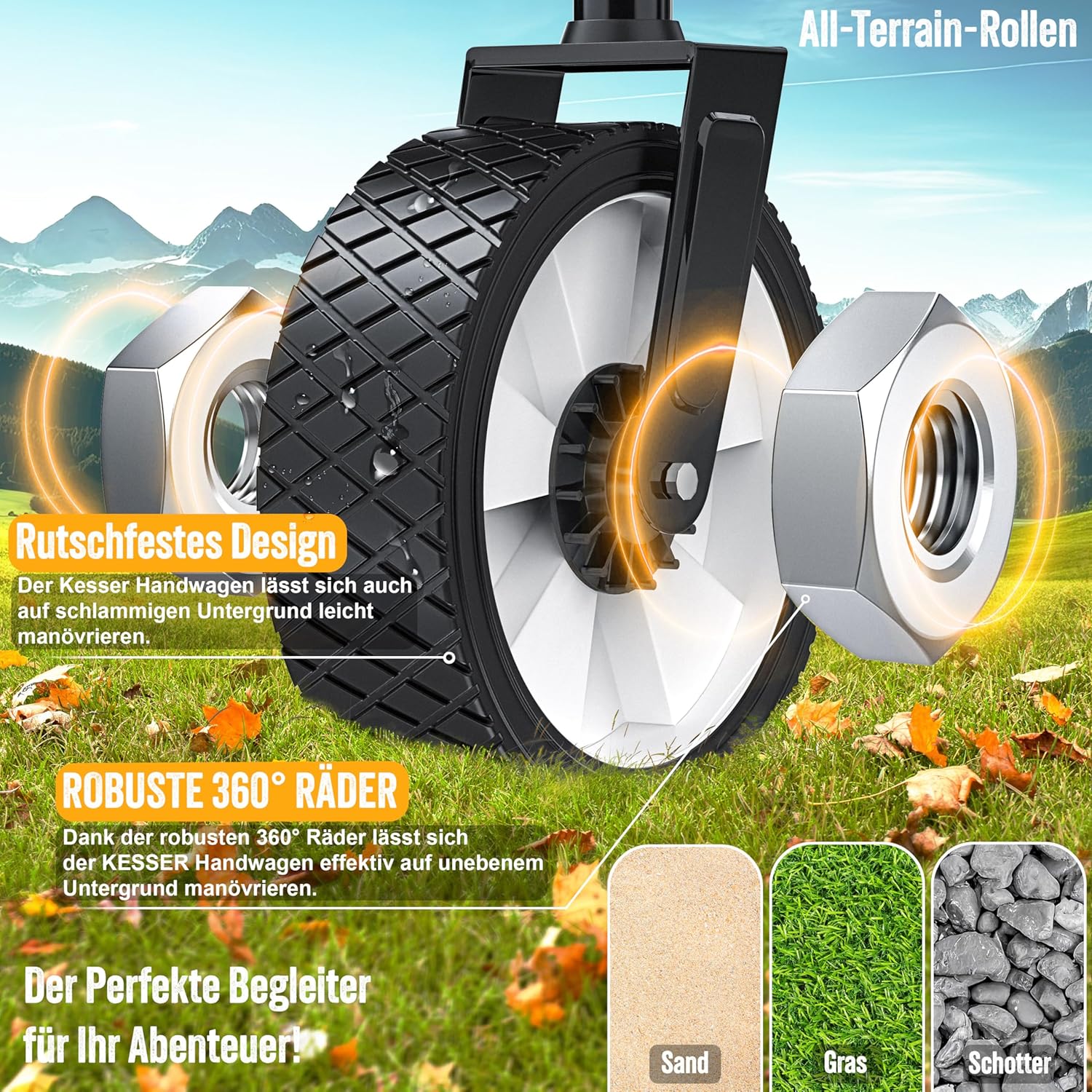 KESSER® Bollerwagen faltbar mit Dach Handwagen Transportkarre Gerätewagen klappbar mit 360° drehbare Vorder-Räder, Vorderrad-Bremse & Vollgummi-Reifen inkl. XXL Außen-Tasche, 2 Netztaschen & Abdeckung — Ansicht 3