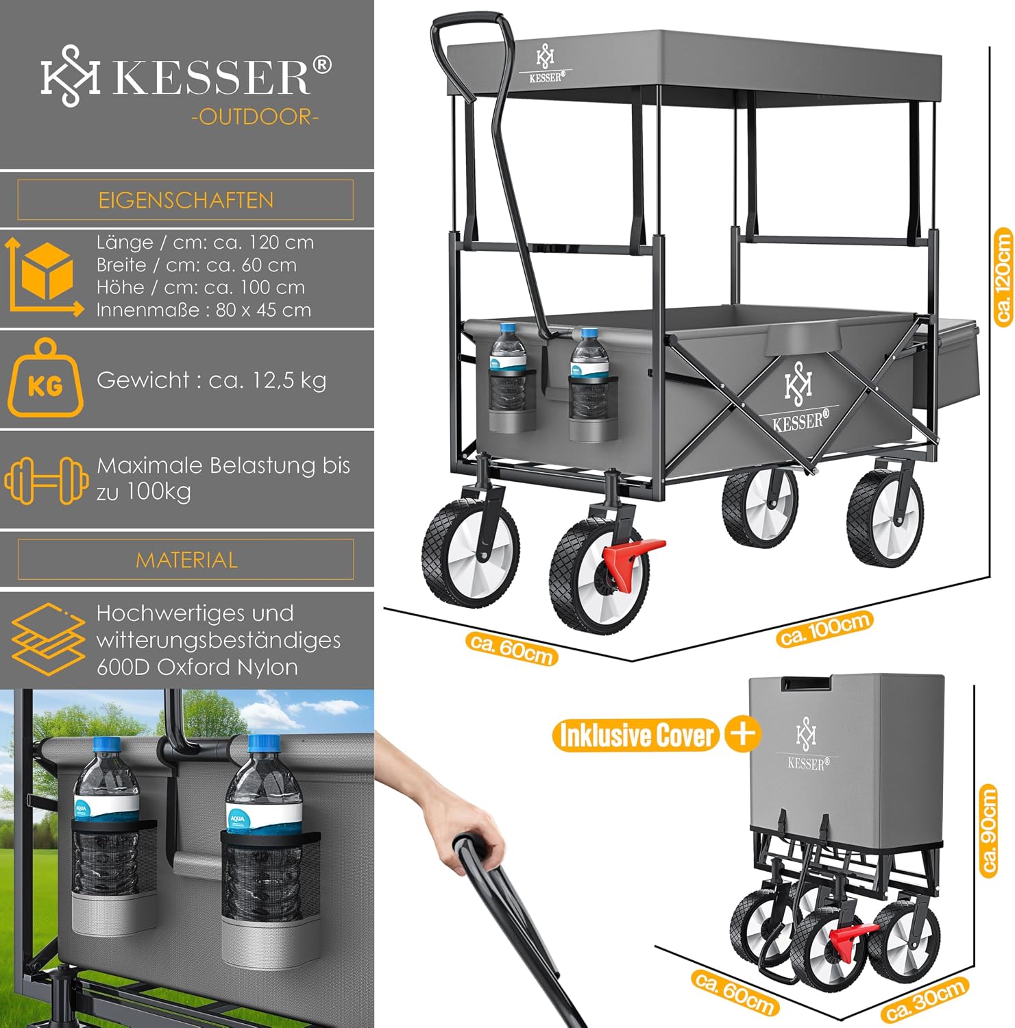 KESSER® Bollerwagen faltbar mit Dach Handwagen Transportkarre Gerätewagen klappbar mit 360° drehbare Vorder-Räder, Vorderrad-Bremse & Vollgummi-Reifen inkl. XXL Außen-Tasche, 2 Netztaschen & Abdeckung — Ansicht 5