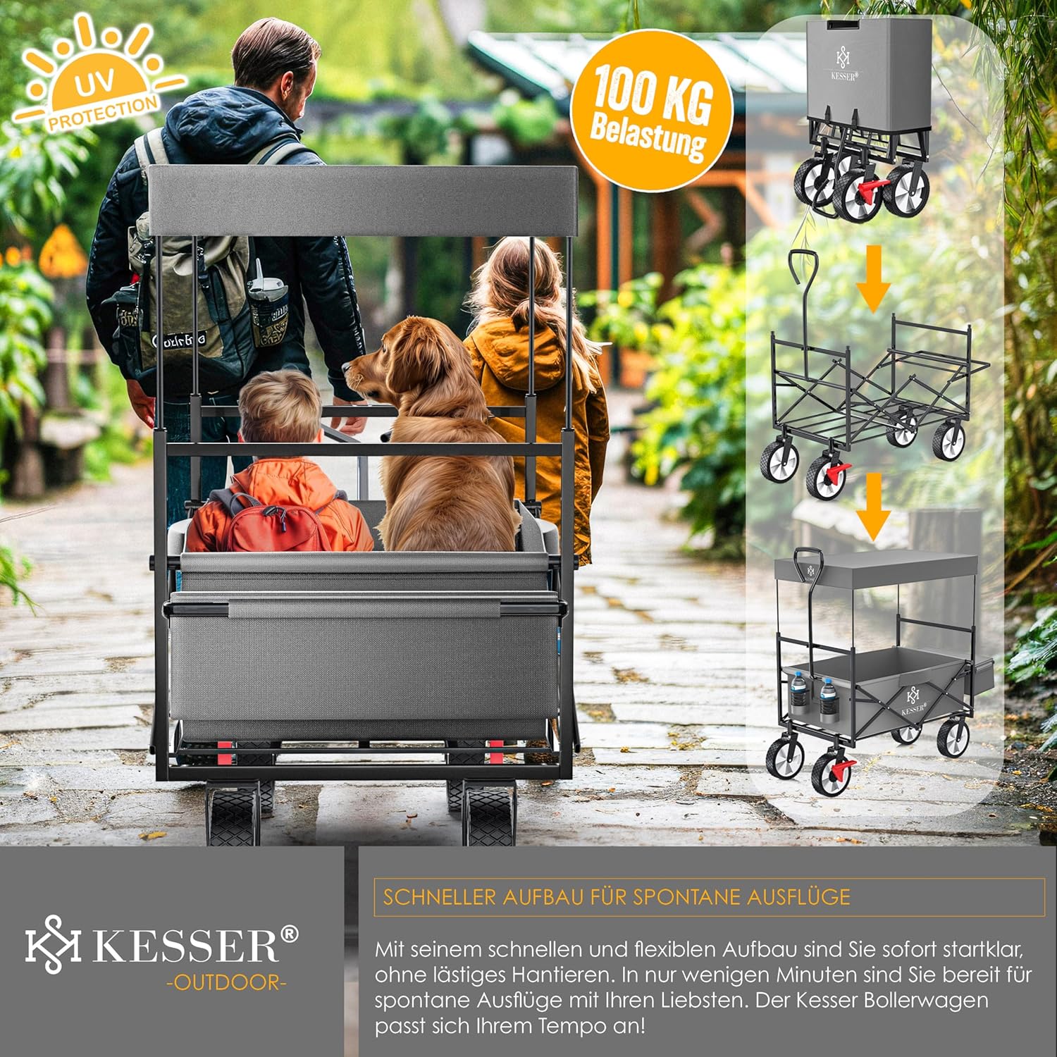 KESSER® Bollerwagen faltbar mit Dach Handwagen Transportkarre Gerätewagen klappbar mit 360° drehbare Vorder-Räder, Vorderrad-Bremse & Vollgummi-Reifen inkl. XXL Außen-Tasche, 2 Netztaschen & Abdeckung — Ansicht 6
