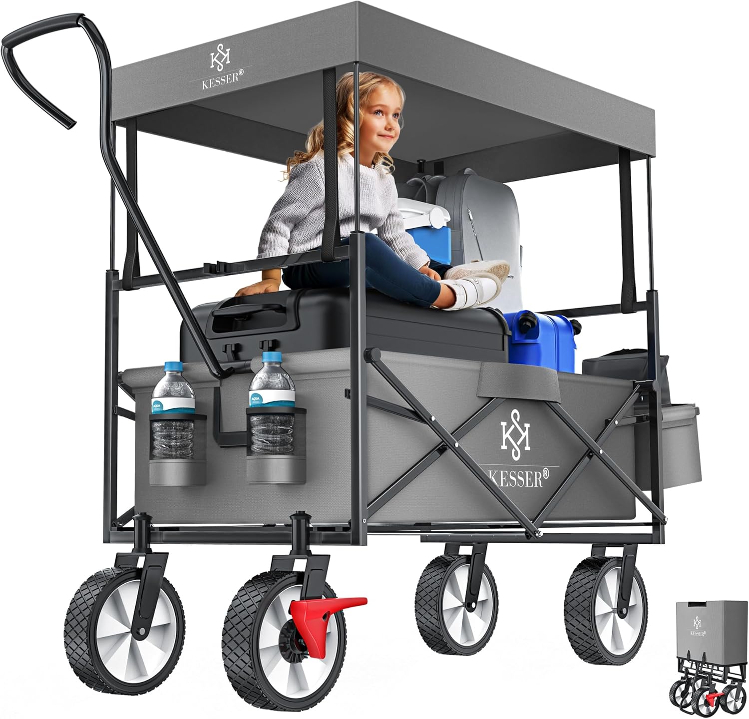 KESSER® Bollerwagen faltbar mit Dach Handwagen Transportkarre Gerätewagen klappbar mit 360° drehbare Vorder-Räder, Vorderrad-Bremse & Vollgummi-Reifen inkl. XXL Außen-Tasche, 2 Netztaschen & Abdeckung