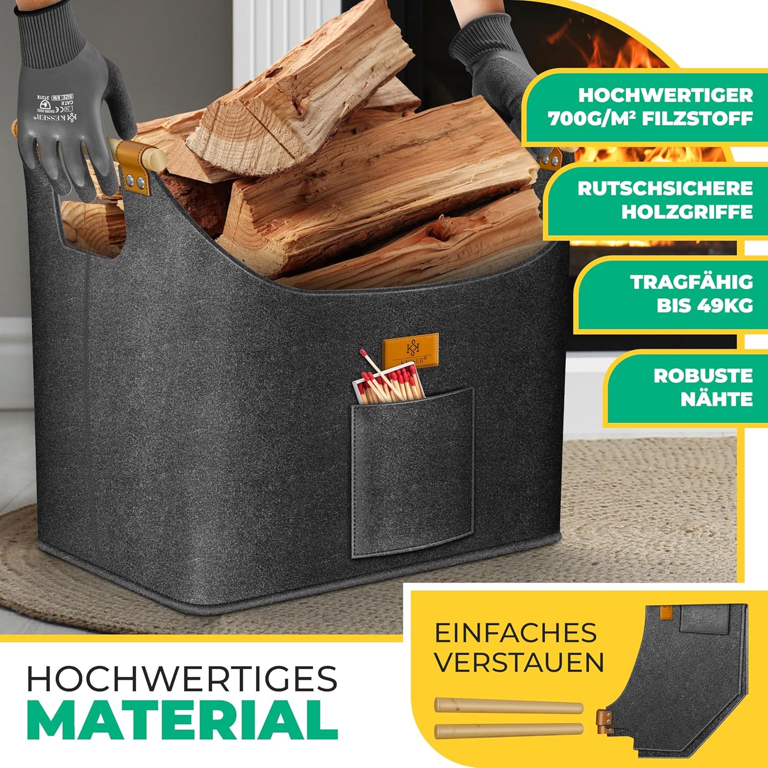 KESSER® Brennholzkorb 60 Liter | Kaminholztasche extra dicker Filz | Feuerholzkorb faltbar mit verstärkten Holzgriffen | Aufbewahrungskorb für Holz, Zeitung oder Brennholz | Inkl. Arbeitshandschuhen — Ansicht 2