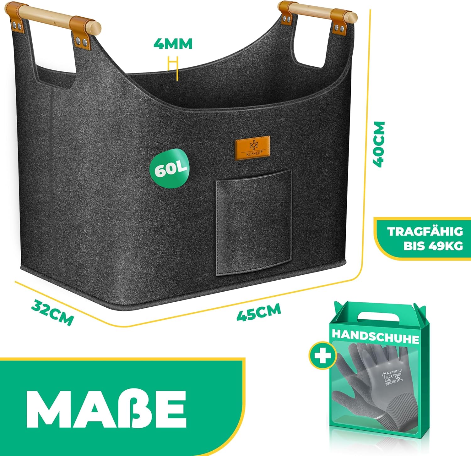 KESSER® Brennholzkorb 60 Liter | Kaminholztasche extra dicker Filz | Feuerholzkorb faltbar mit verstärkten Holzgriffen | Aufbewahrungskorb für Holz, Zeitung oder Brennholz | Inkl. Arbeitshandschuhen — Ansicht 3