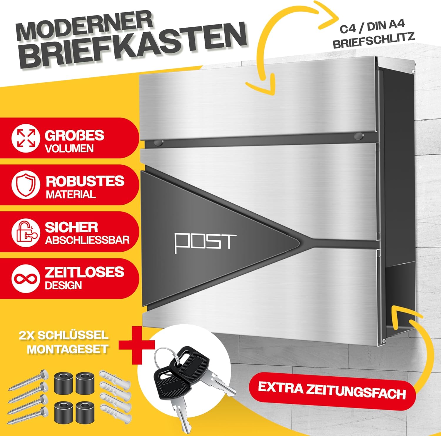 KESSER® Briefkasten mit Zeitungsfach Wandmontage Wandbriefkasten Edelstahl, 2X Schlüssel abschließbar, Moderner Postkasten Zeitungsrolle, inkl. Montagematerial, Softclose-Deckel, Silber/Anthrazit — Ansicht 2