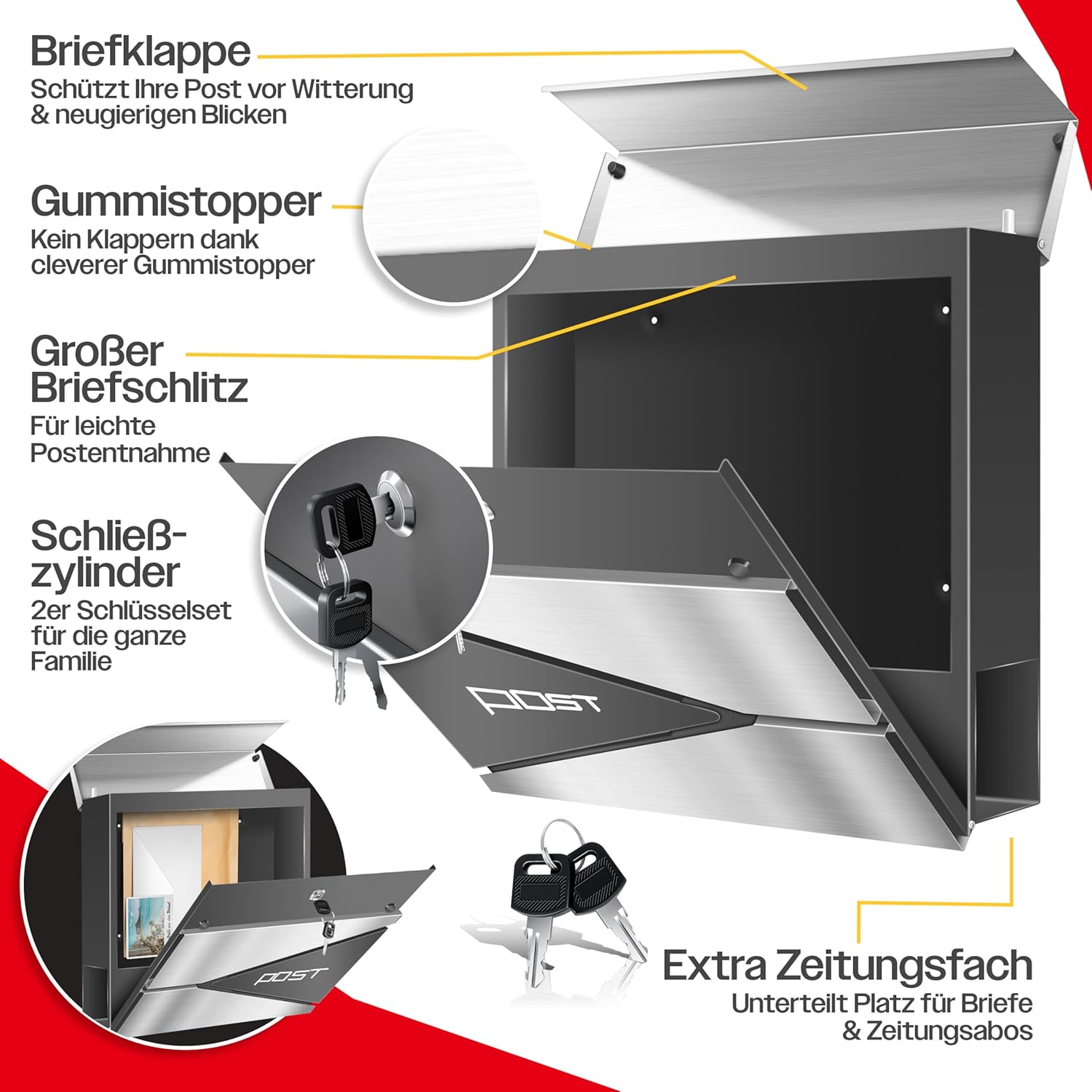 KESSER® Briefkasten mit Zeitungsfach Wandmontage Wandbriefkasten Edelstahl, 2X Schlüssel abschließbar, Moderner Postkasten Zeitungsrolle, inkl. Montagematerial, Softclose-Deckel, Silber/Anthrazit — Ansicht 3