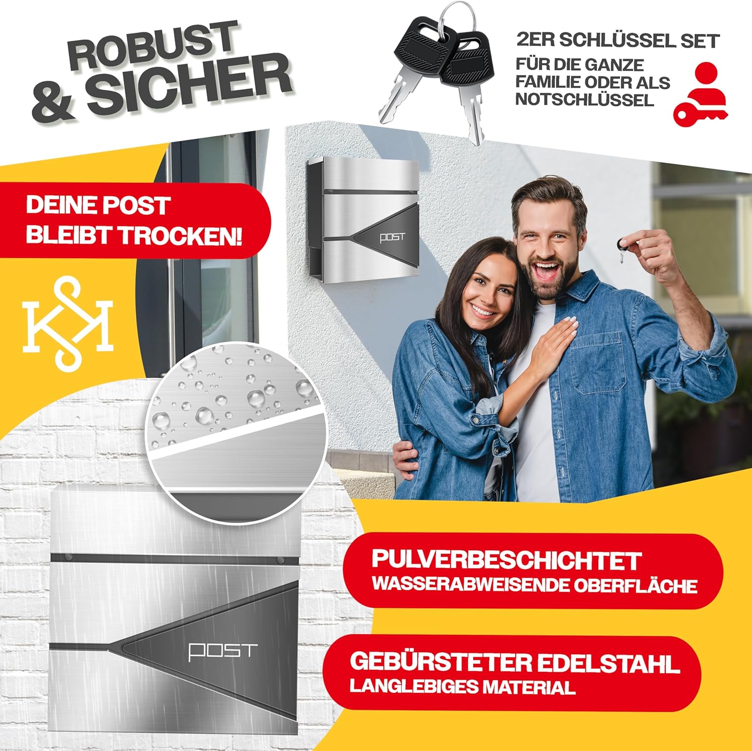 KESSER® Briefkasten mit Zeitungsfach Wandmontage Wandbriefkasten Edelstahl, 2X Schlüssel abschließbar, Moderner Postkasten Zeitungsrolle, inkl. Montagematerial, Softclose-Deckel, Silber/Anthrazit — Ansicht 5