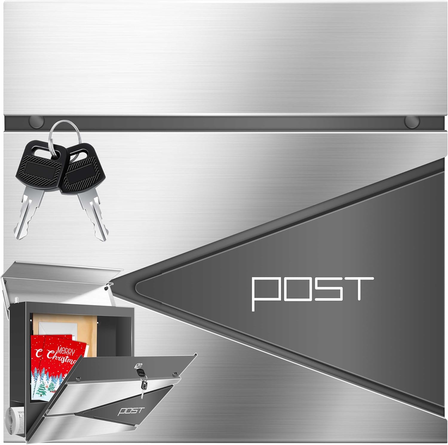 KESSER® Briefkasten mit Zeitungsfach Wandmontage Wandbriefkasten Edelstahl, 2X Schlüssel abschließbar, Moderner Postkasten Zeitungsrolle, inkl. Montagematerial, Softclose-Deckel, Silber/Anthrazit