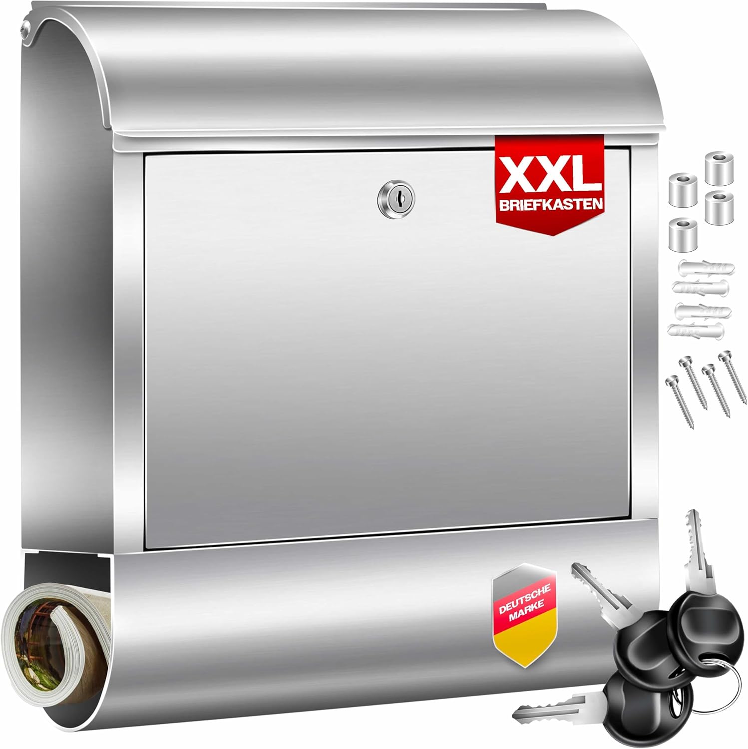 KESSER® Briefkasten XXL Edelstahl Silber, Wandbriefkasten mit Zeitungsfach abschließbar mit 3 Schlüsseln wetterfester Postkasten, pulverbeschichtet moderner Briefkasten für Wandmontage + Montageset