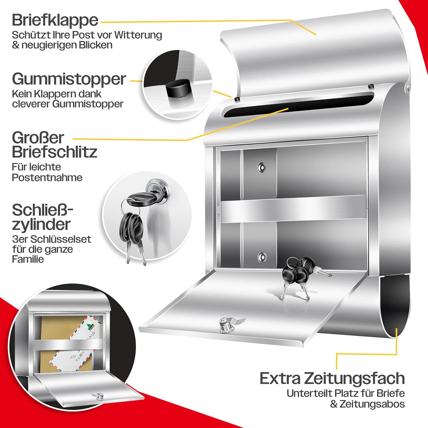 KESSER® Briefkasten XXL Edelstahl Silber, Wandbriefkasten mit Zeitungsfach abschließbar mit 3 Schlüsseln wetterfester Postkasten, pulverbeschichtet moderner Briefkasten für Wandmontage + Montageset — Ansicht 3