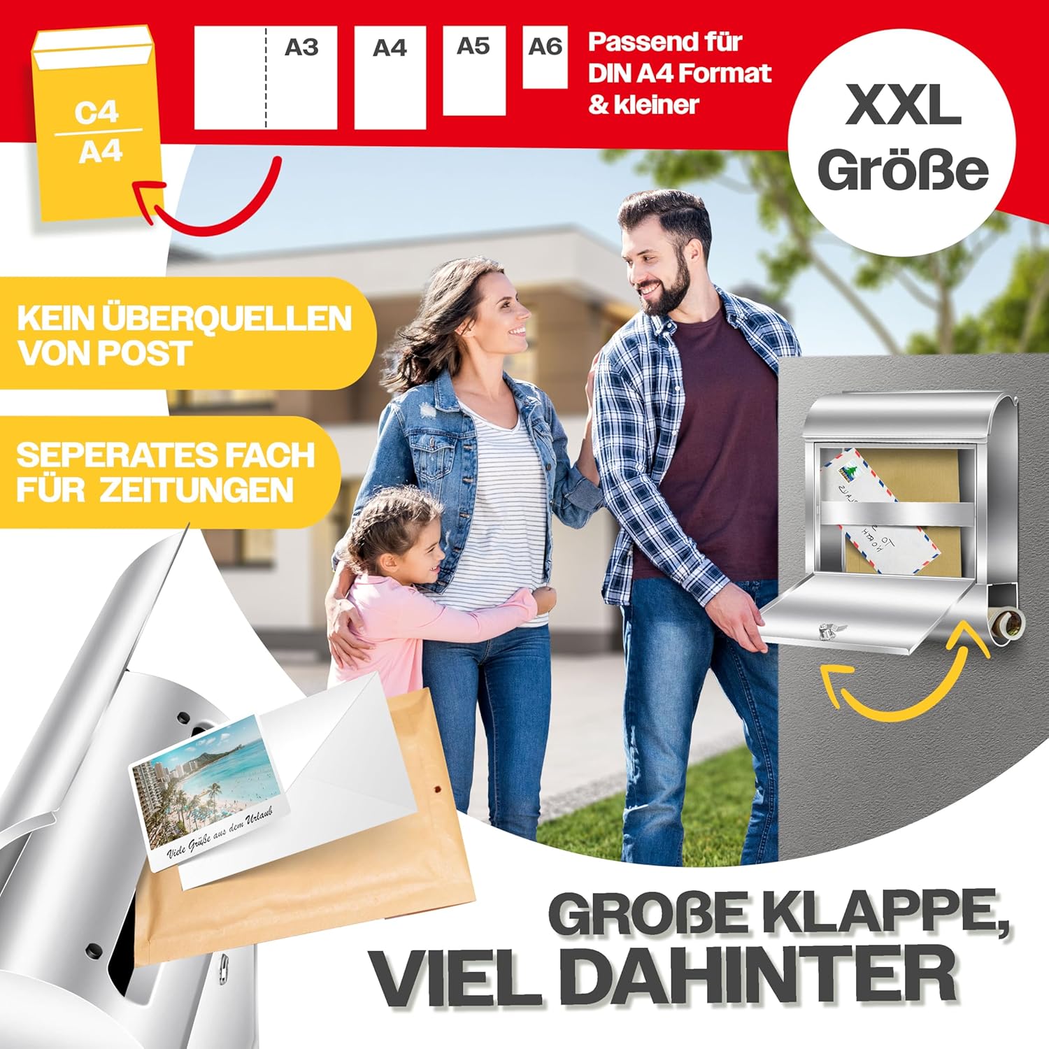 KESSER® Briefkasten XXL Edelstahl Silber, Wandbriefkasten mit Zeitungsfach abschließbar mit 3 Schlüsseln wetterfester Postkasten, pulverbeschichtet moderner Briefkasten für Wandmontage + Montageset — Ansicht 4