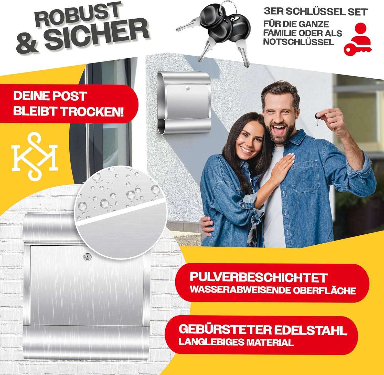 KESSER® Briefkasten XXL Edelstahl Silber, Wandbriefkasten mit Zeitungsfach abschließbar mit 3 Schlüsseln wetterfester Postkasten, pulverbeschichtet moderner Briefkasten für Wandmontage + Montageset — Ansicht 5