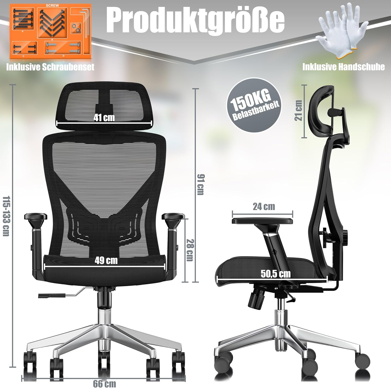 KESSER® Bürostuhl Ergonomisch mit verstellbaren Armlehnen | Drehstuhl mit Lendenwirbelstütze Rückenschonend | Schreibtischstuhl mit Kopfstütze | Office Chair Wippfunktion bis 125° mit 5X Gummirollen — Ansicht 2