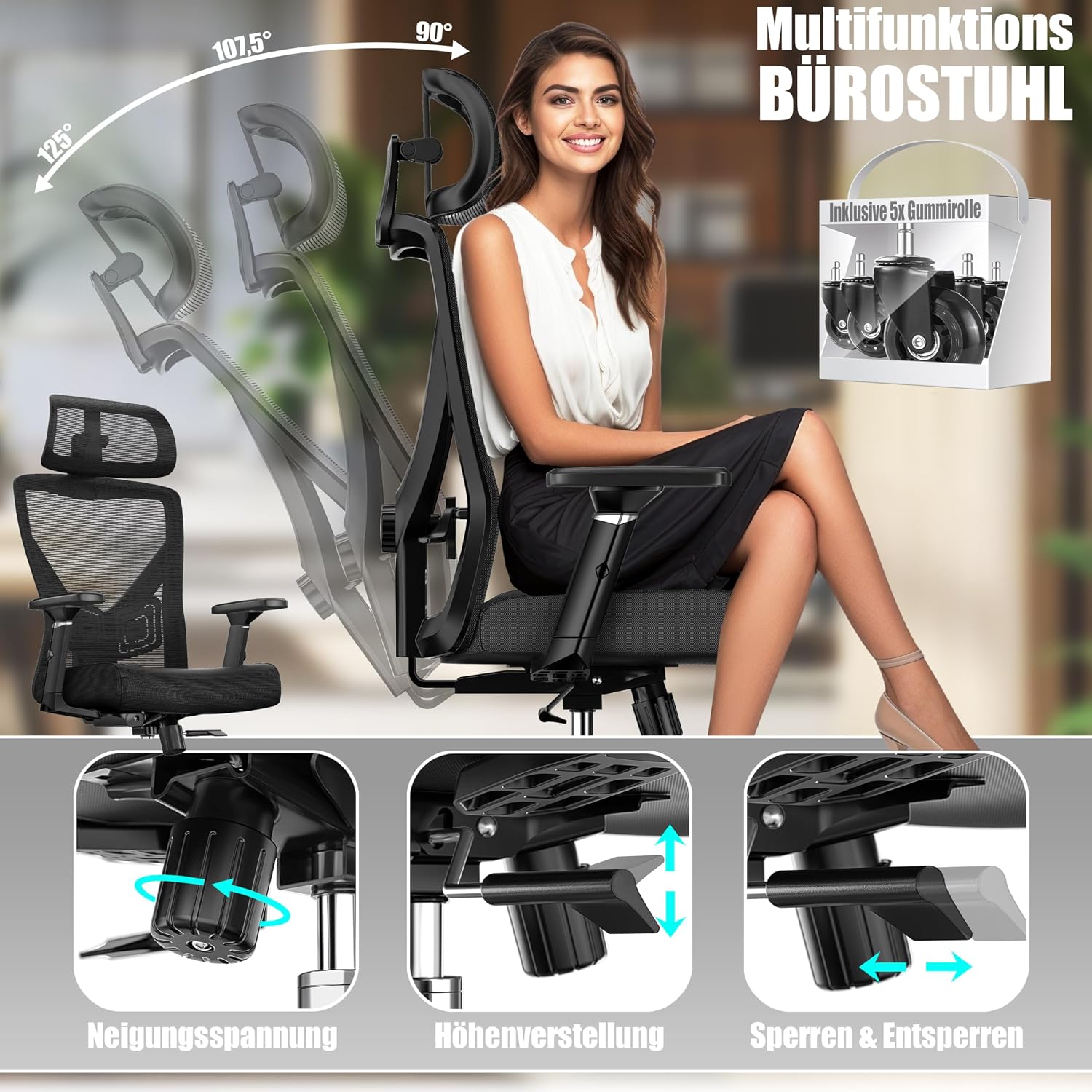 KESSER® Bürostuhl Ergonomisch mit verstellbaren Armlehnen | Drehstuhl mit Lendenwirbelstütze Rückenschonend | Schreibtischstuhl mit Kopfstütze | Office Chair Wippfunktion bis 125° mit 5X Gummirollen — Ansicht 3