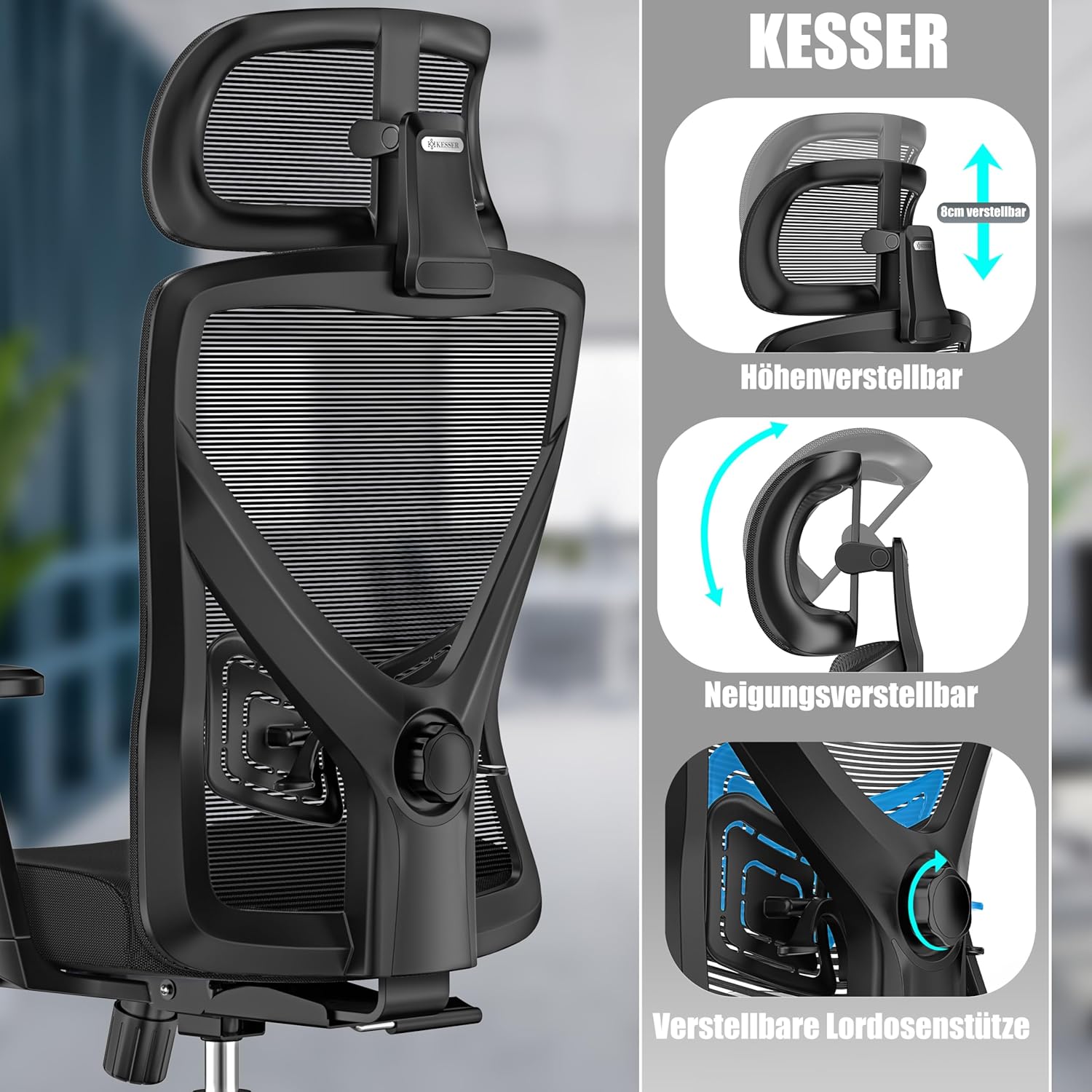 KESSER® Bürostuhl Ergonomisch mit verstellbaren Armlehnen | Drehstuhl mit Lendenwirbelstütze Rückenschonend | Schreibtischstuhl mit Kopfstütze | Office Chair Wippfunktion bis 125° mit 5X Gummirollen — Ansicht 4