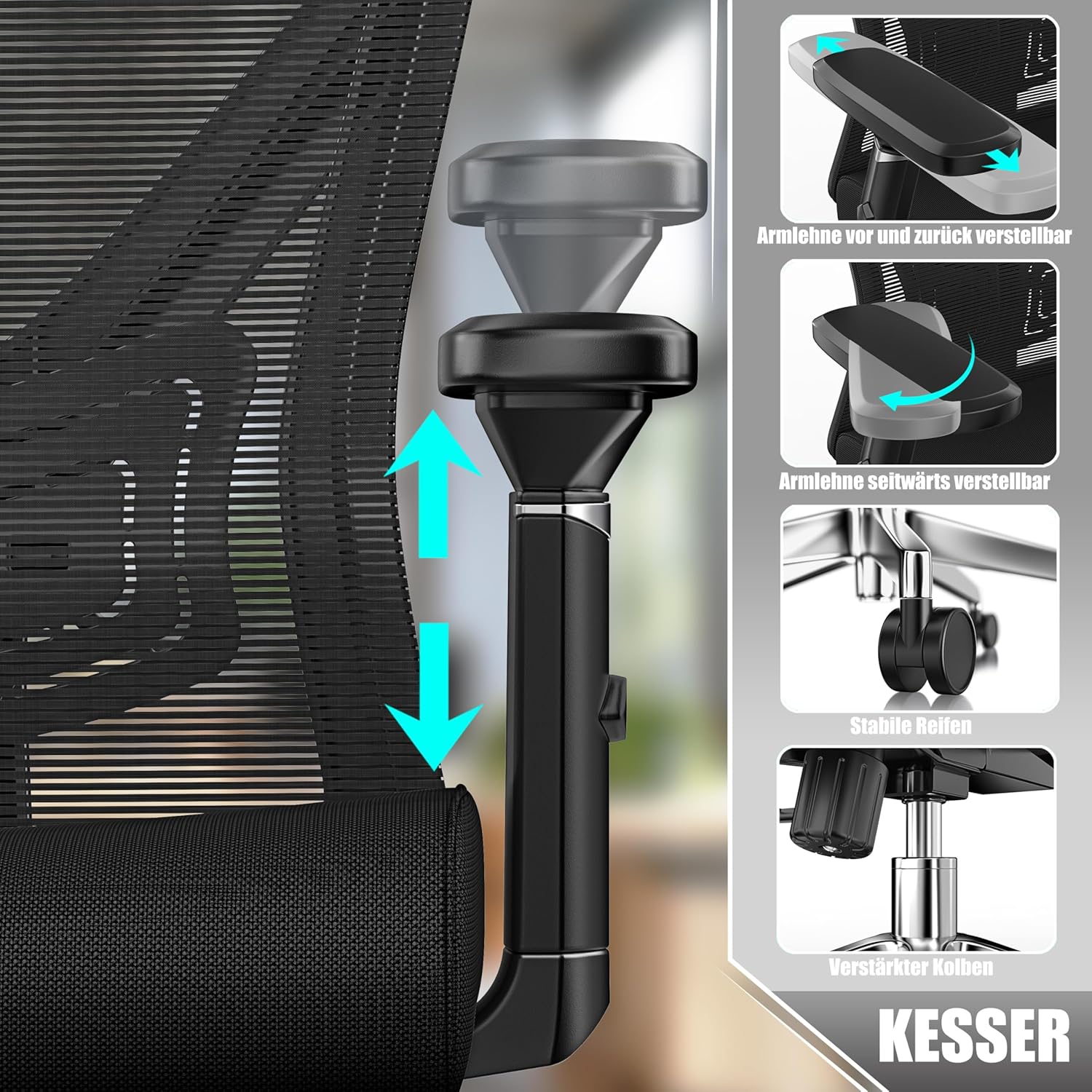 KESSER® Bürostuhl Ergonomisch mit verstellbaren Armlehnen | Drehstuhl mit Lendenwirbelstütze Rückenschonend | Schreibtischstuhl mit Kopfstütze | Office Chair Wippfunktion bis 125° mit 5X Gummirollen — Ansicht 5
