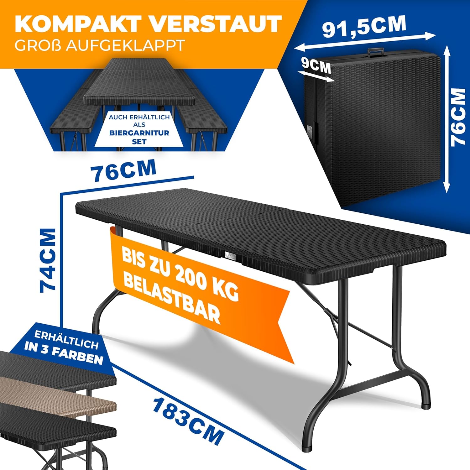 KESSER® Buffettisch Tisch klappbar Kunststoff 183x76cm Rattan Optik Campingtisch Partytisch Klapptisch Gartentisch 6 Personen Garten Terrasse & Balkon zusammenklappbar inkl. Tragegriff Schwarz — Ansicht 2