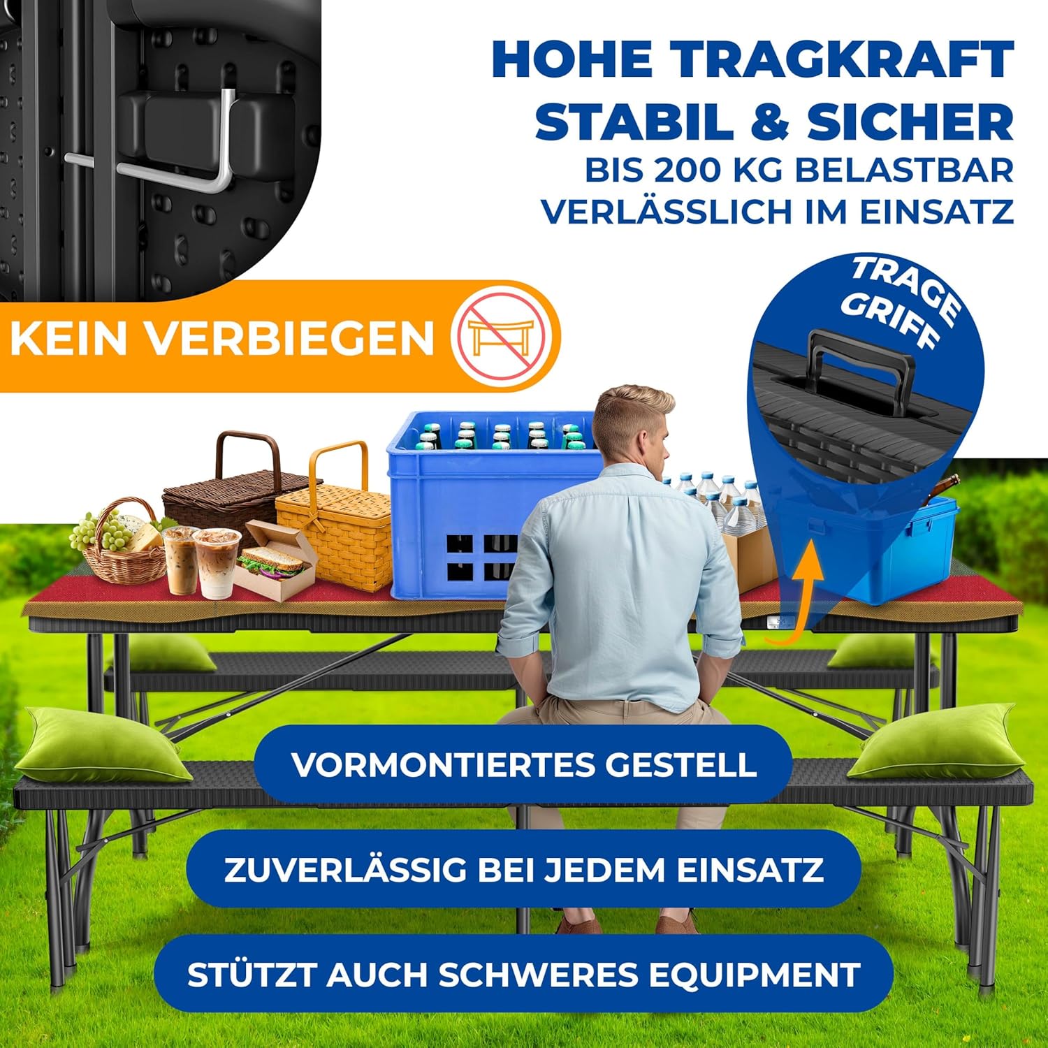 KESSER® Buffettisch Tisch klappbar Kunststoff 183x76cm Rattan Optik Campingtisch Partytisch Klapptisch Gartentisch 6 Personen Garten Terrasse & Balkon zusammenklappbar inkl. Tragegriff Schwarz — Ansicht 5