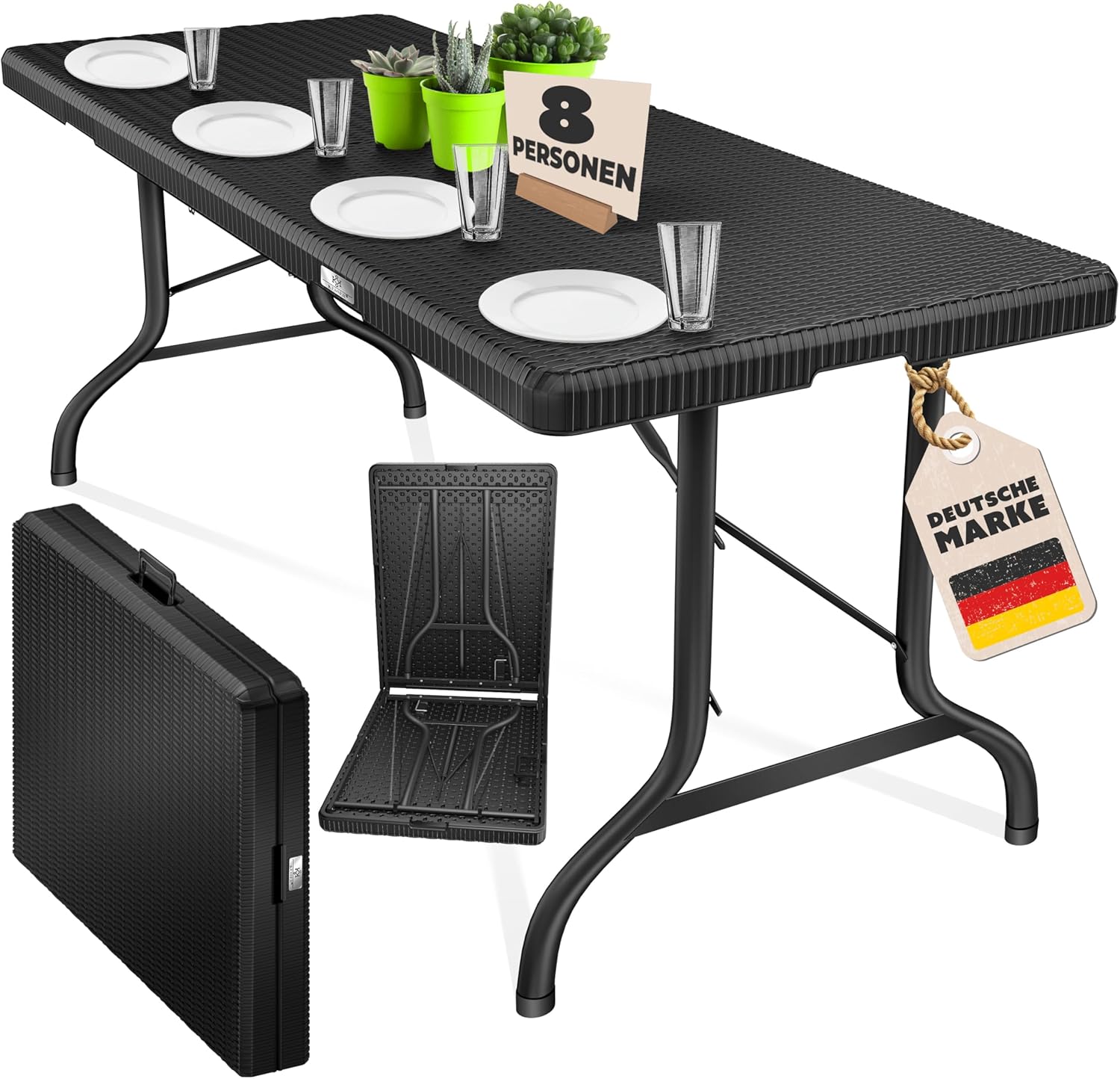 KESSER® Buffettisch Tisch klappbar Kunststoff 183x76cm Rattan Optik Campingtisch Partytisch Klapptisch Gartentisch 6 Personen Garten Terrasse & Balkon zusammenklappbar inkl. Tragegriff Schwarz