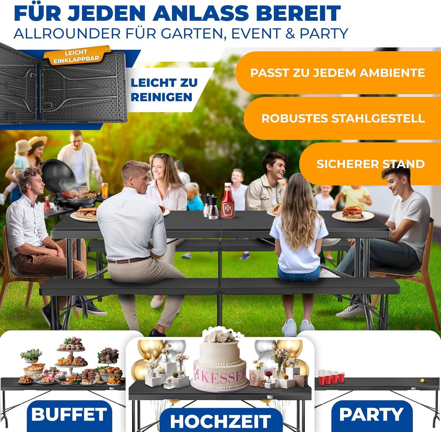 KESSER® Buffettisch Tisch klappbar Kunststoff 220x68 cm Campingtisch Partytisch Klapptisch Gartentisch für Garten, Terrasse und Balkon zusammenklappbar 10 Personen inkl. Cover & Tragegriff, Anthrazit