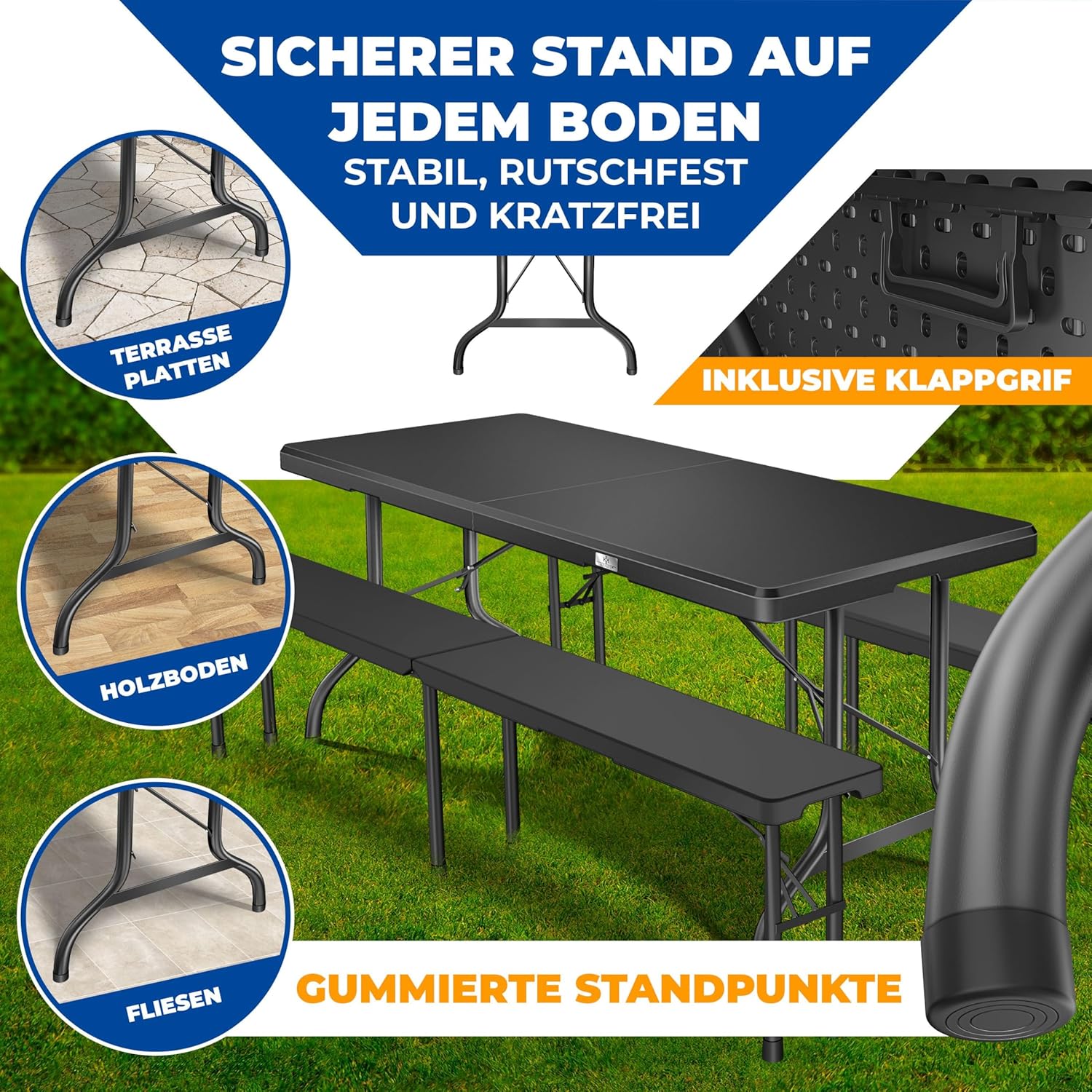 KESSER® Buffettisch Tisch klappbar Kunststoff 220x68 cm Campingtisch Partytisch Klapptisch Gartentisch für Garten, Terrasse und Balkon zusammenklappbar 10 Personen inkl. Cover & Tragegriff, Anthrazit — Ansicht 3