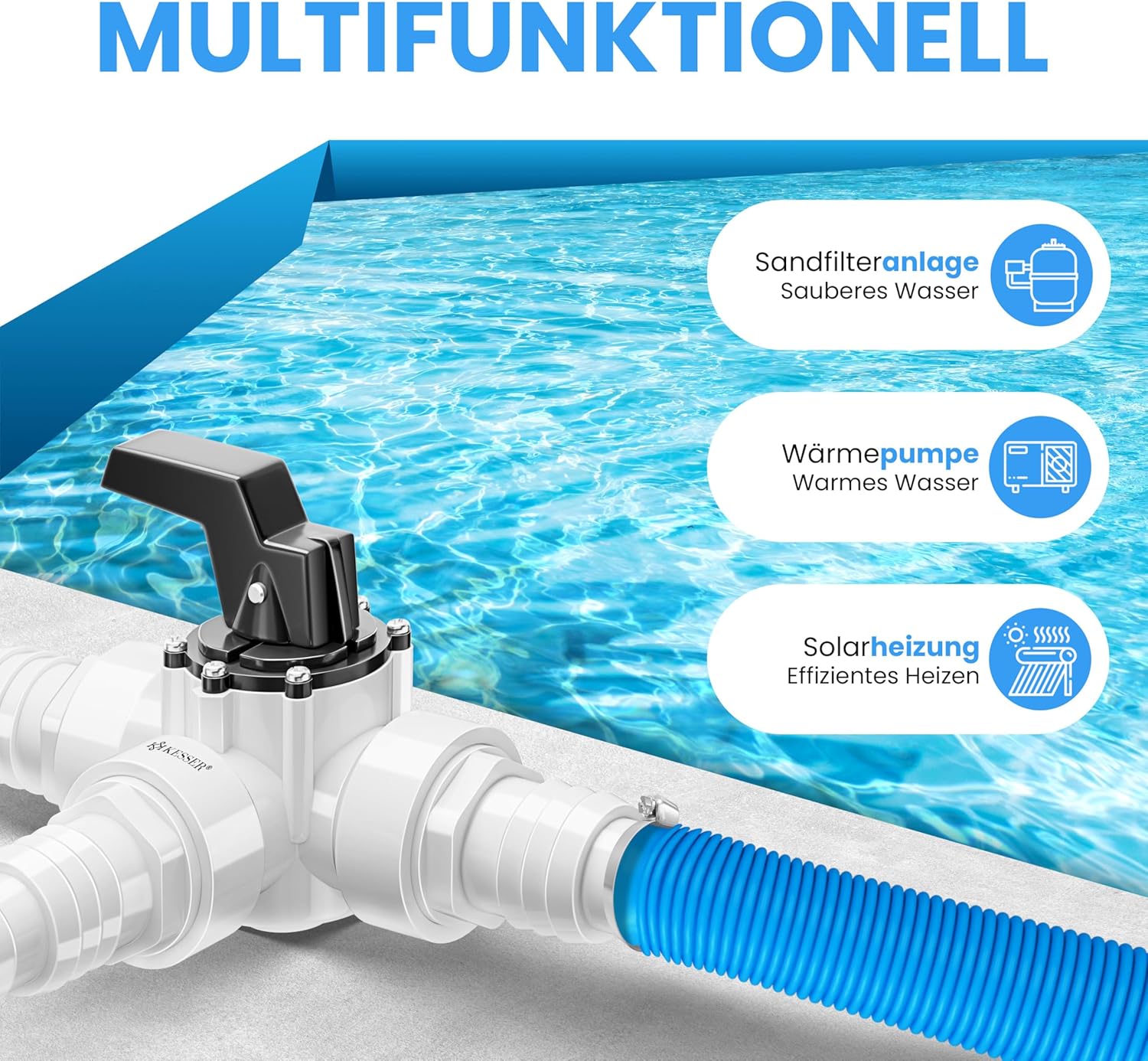 KESSER® Bypass Set Pool 12-teilig | 3-Wege Ventil Anschluss & ABS-Adapter Ø32 & Ø 38mm | mit 6x Edelstahl-Schlauchschellen & 8m Teflon-Dichtband | Ideal für Sandfilteranlage, Wärmepumpe & Solarheizung — Ansicht 3