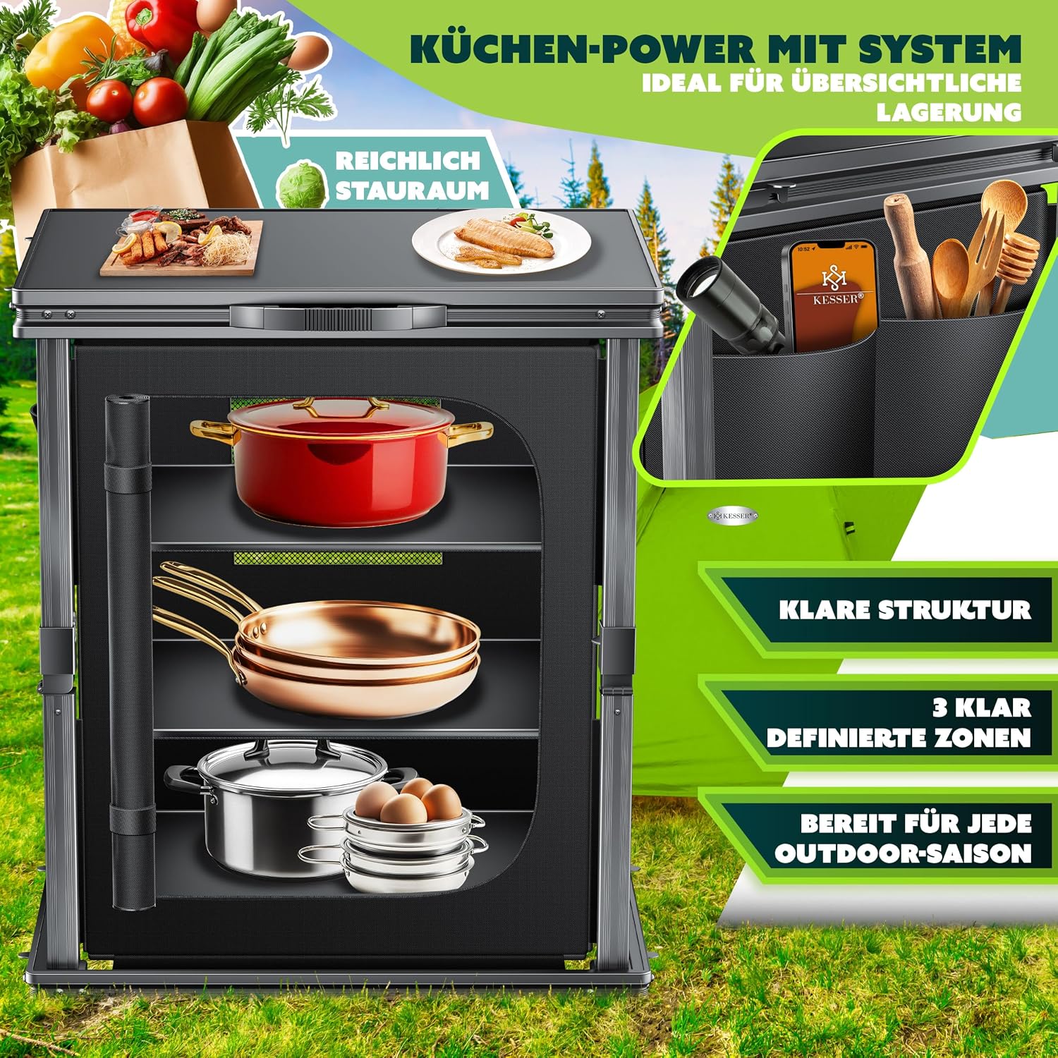KESSER® Camping Küche faltbar | Outdoor Campingschrank 60x80cm | Küchenschrank mit Aluminiumgestell, 3 Fächer inkl. Seitentaschen & Fliegengitter | Campingküche aus UV-resistentem Stoff — Ansicht 3
