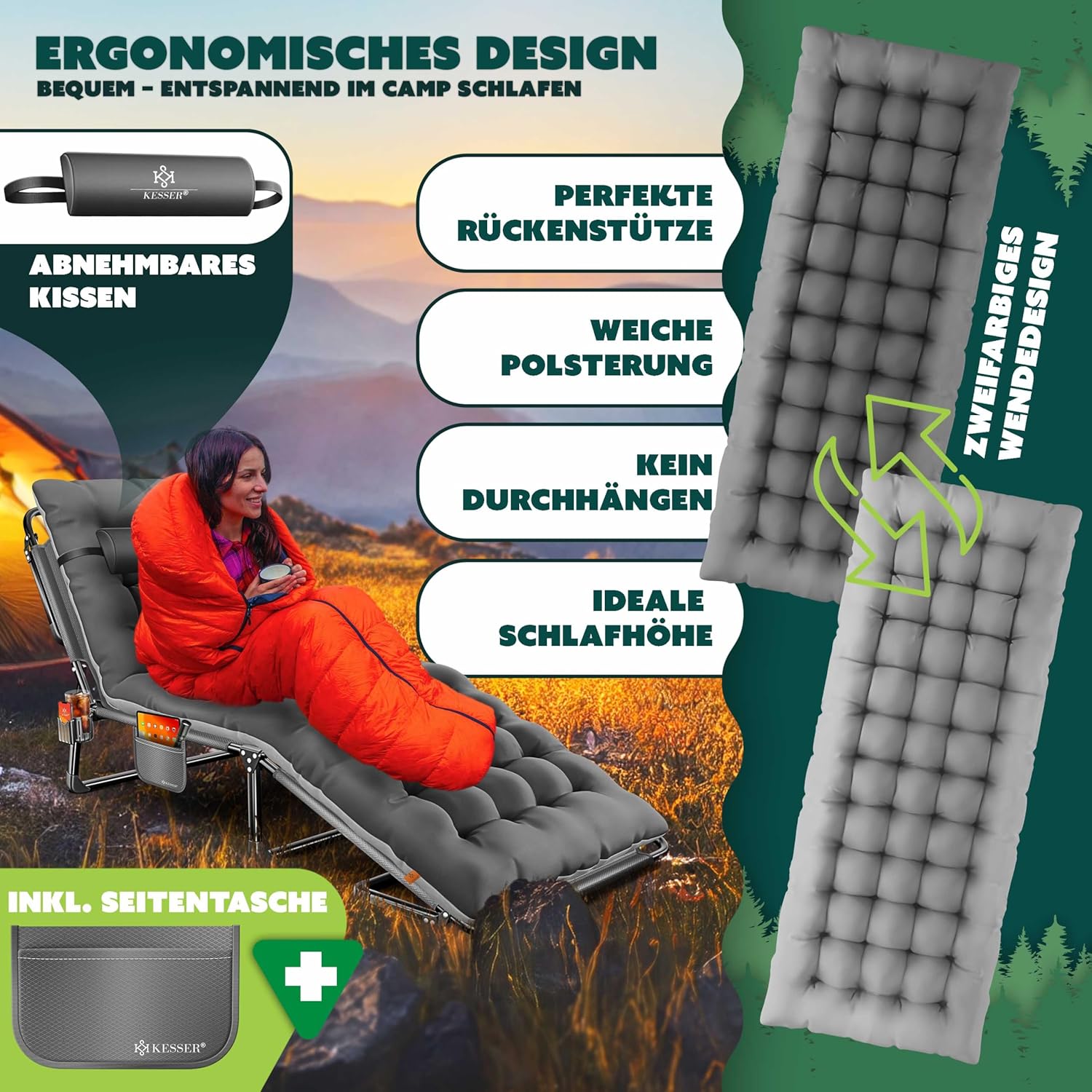 KESSER® Campingbett Feldbett klappbar 190x68x30cm bis 250kg belastbar aus Oxford-Gewebe & stabilem Stahlgerüst, Sonnenliege für Camping inkl. Tragetasche, Nackenkissen, Seitentasche & Getränkehalter — Ansicht 3