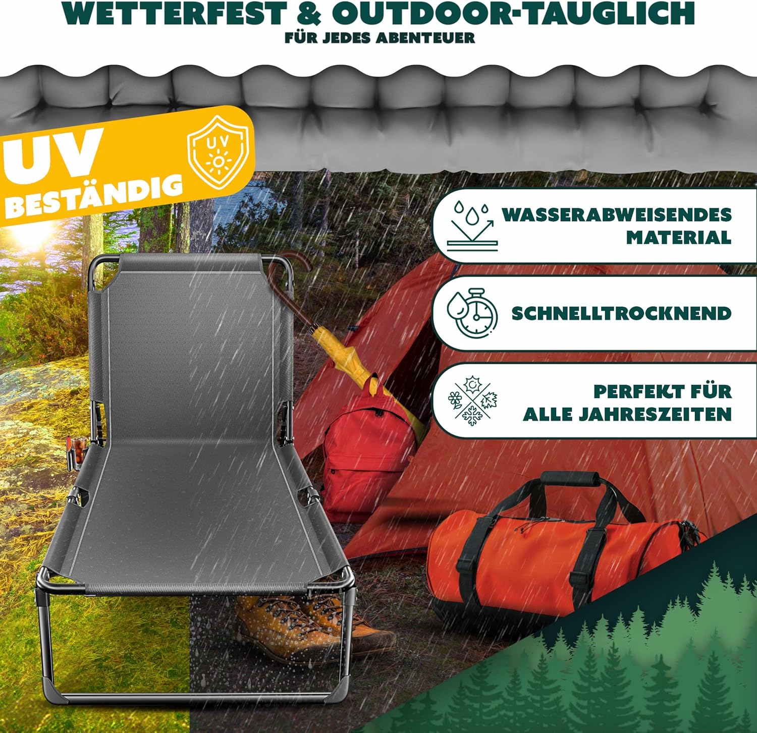 KESSER® Campingbett Feldbett klappbar 190x68x30cm bis 250kg belastbar aus Oxford-Gewebe & stabilem Stahlgerüst, Sonnenliege für Camping inkl. Tragetasche, Nackenkissen, Seitentasche & Getränkehalter — Ansicht 4
