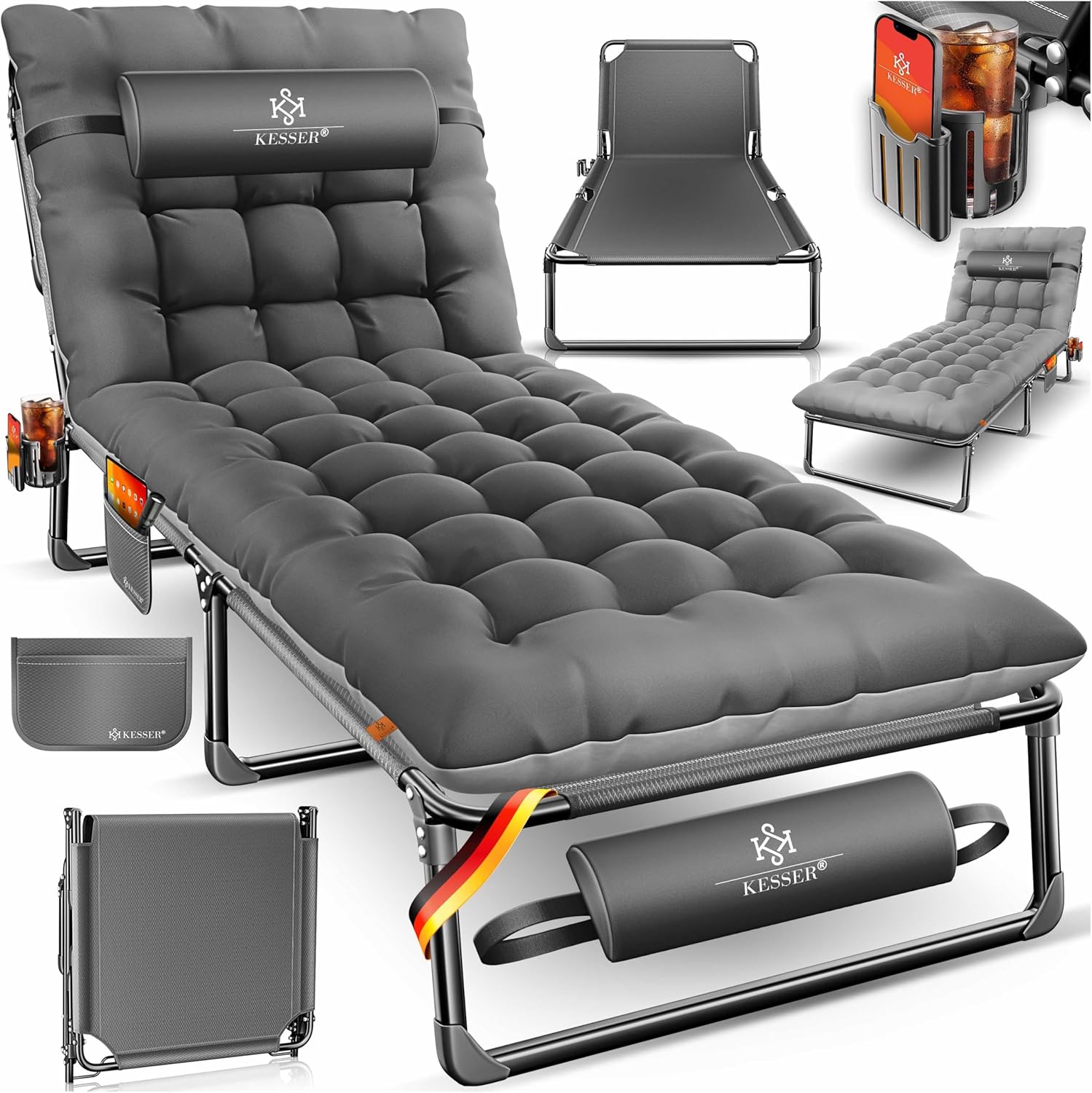 KESSER® Campingbett Feldbett klappbar 190x68x30cm bis 250kg belastbar aus Oxford-Gewebe & stabilem Stahlgerüst, Sonnenliege für Camping inkl. Tragetasche, Nackenkissen, Seitentasche & Getränkehalter