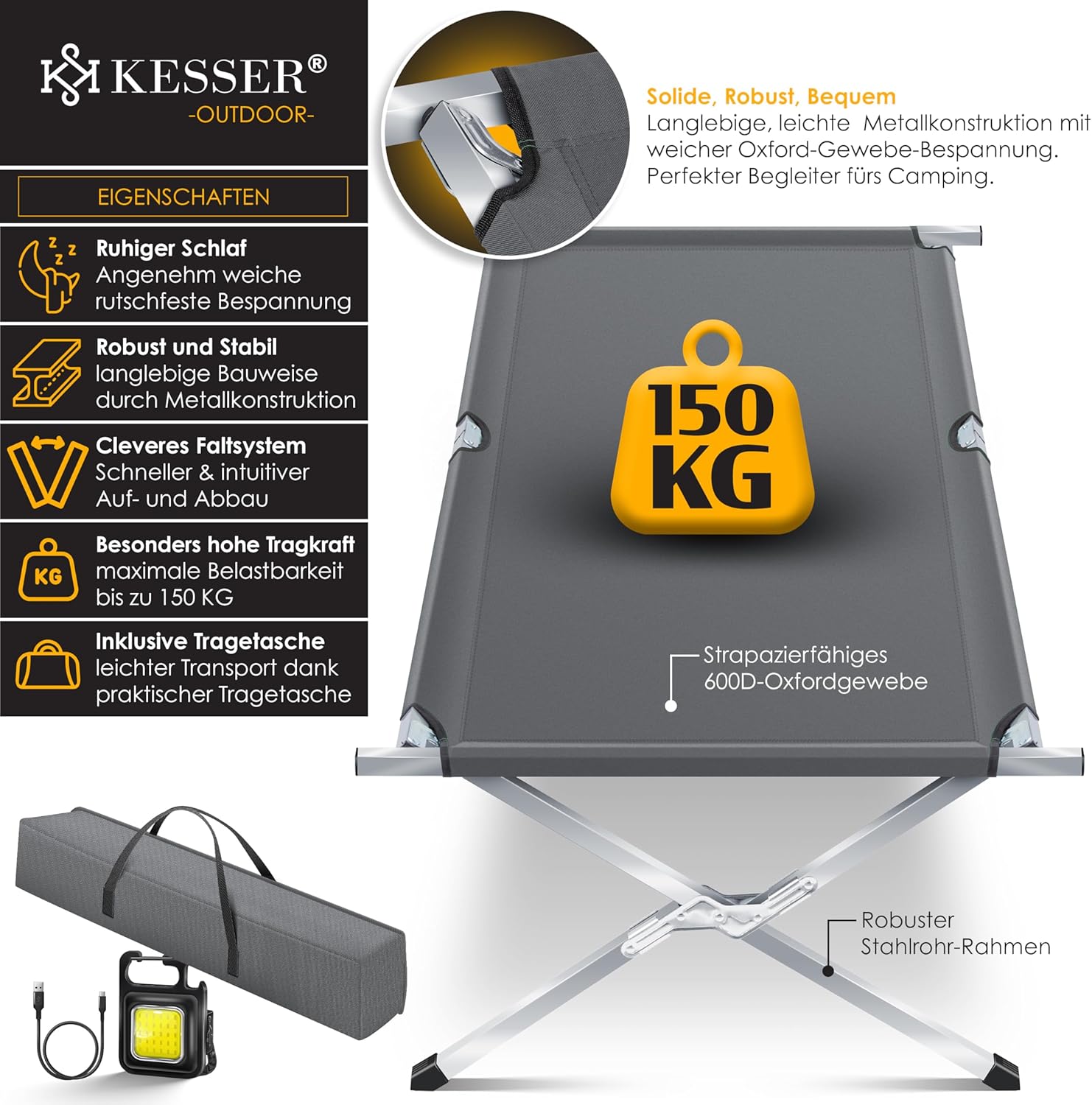 KESSER® Campingbett Klappbett Inkl.Tragetasche, Campinglicht und Seitentasche in 190cm oder 210cm Stabiles Feldbett 150 kg Belastbar Metallrohr 600D Oxfordgewebe Tragbar Liege Reise Bequem — Ansicht 2